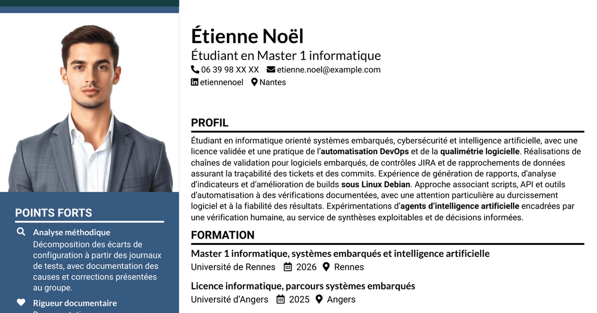 7 modèles de CV pour Stagiaire Ingénieur Automatisation IA et Qualimétrie Logicielle, avec exemples
