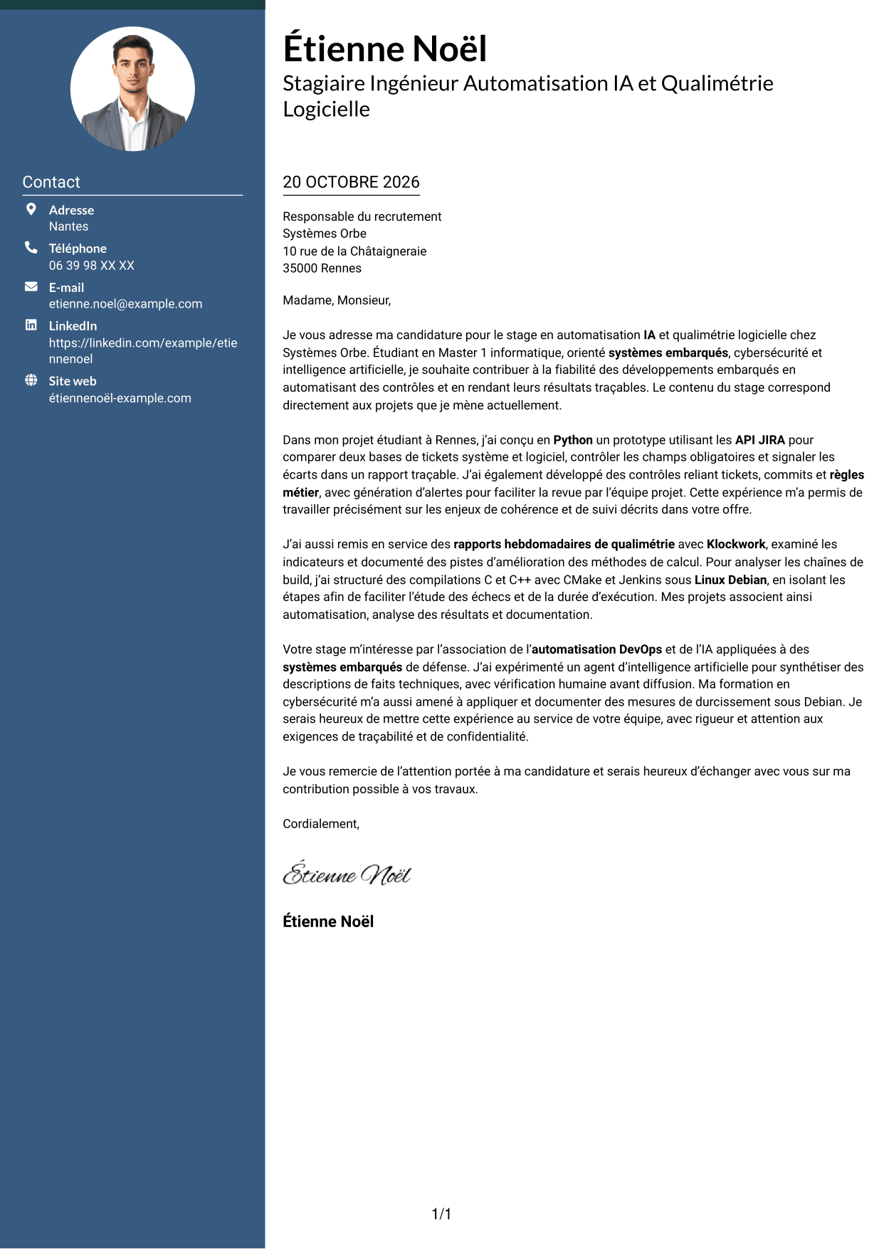 Lettre de motivation Élégant (format à colonne latérale colorée avec photo) : Stagiaire Ingénieur Automatisation IA et Qualimétrie Logicielle, page 1