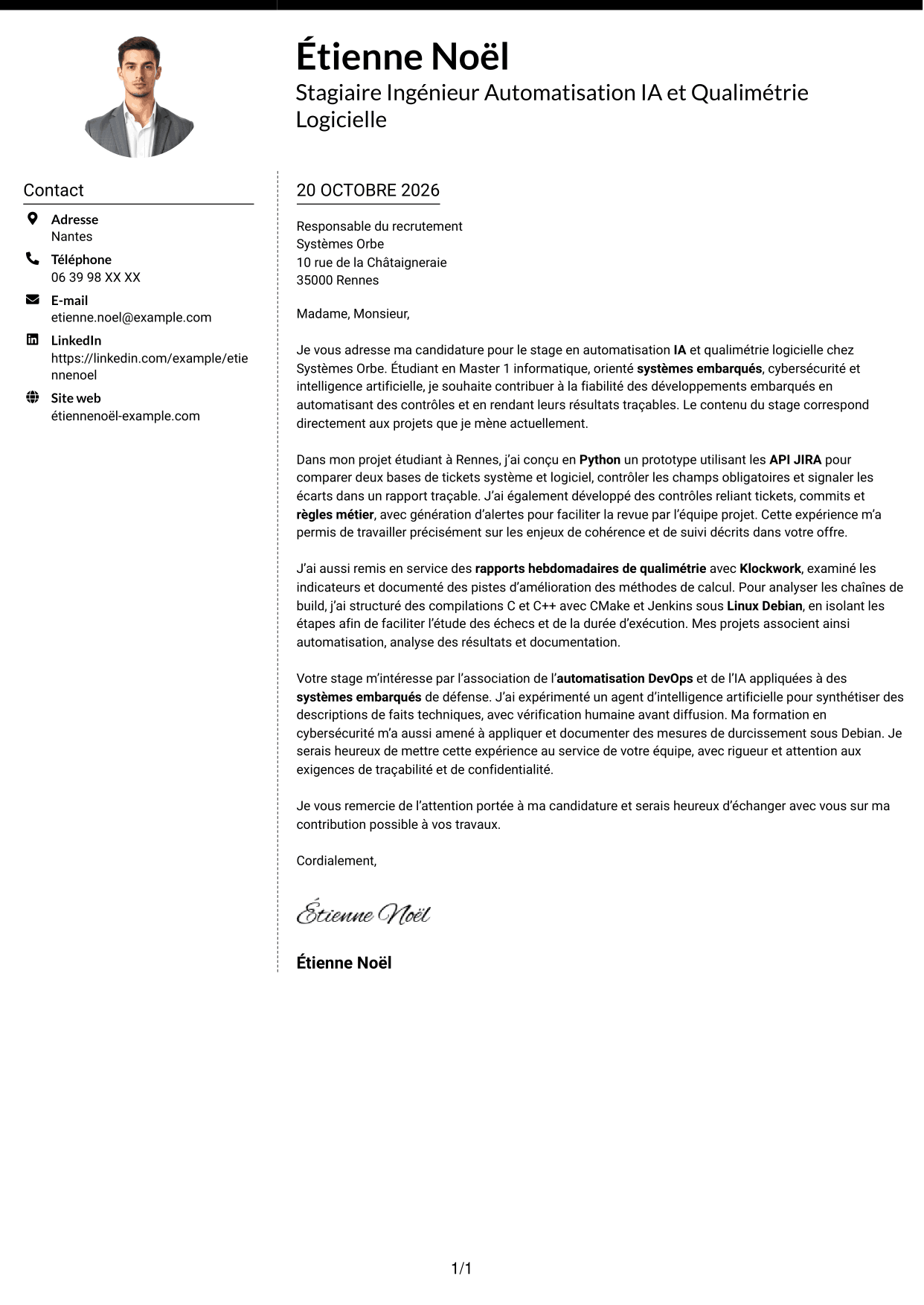 Lettre de motivation Moderne (format à deux colonnes avec photo à gauche et séparateur) : Stagiaire Ingénieur Automatisation IA et Qualimétrie Logicielle, page 1