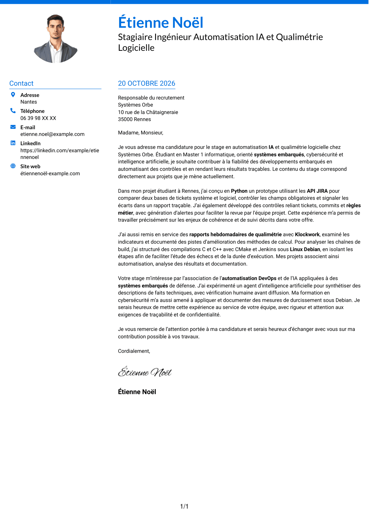 Lettre de motivation Audacieux (format à deux colonnes avec accents colorés et photo) : Stagiaire Ingénieur Automatisation IA et Qualimétrie Logicielle, page 1