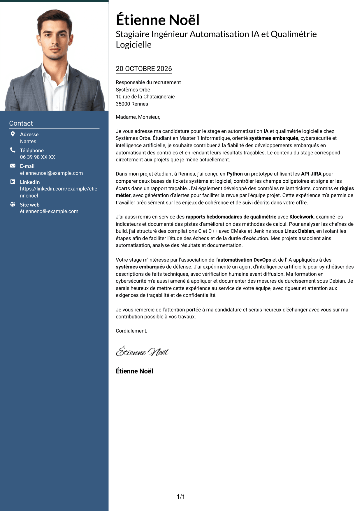 Lettre de motivation Signature (format à colonne latérale colorée avec grande photo) : Stagiaire Ingénieur Automatisation IA et Qualimétrie Logicielle, page 1