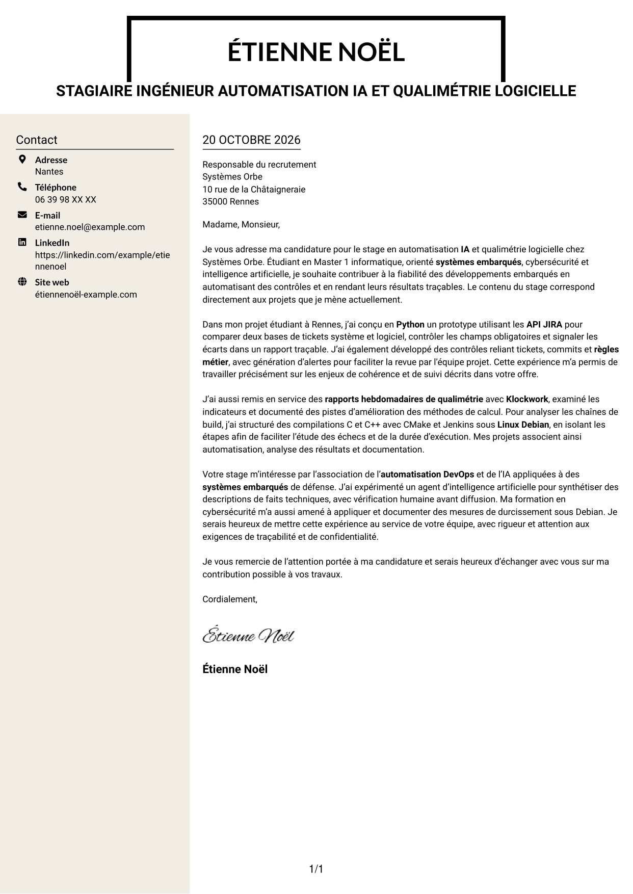 Lettre de motivation Fonceur (format à deux colonnes avec en-tête centré sans photo) : Stagiaire Ingénieur Automatisation IA et Qualimétrie Logicielle, page 1