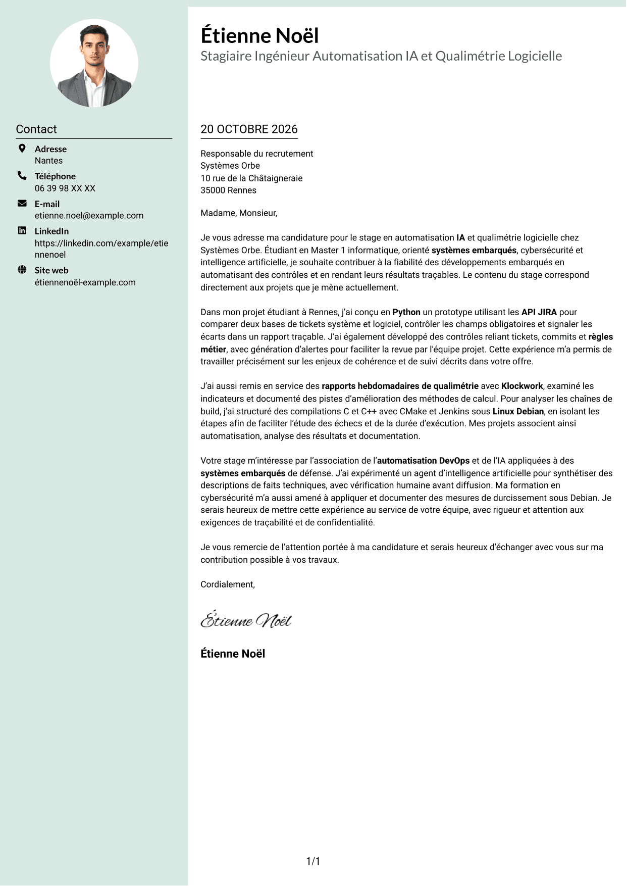 Lettre de motivation Cadre (format à colonne latérale douce avec photo arrondie) : Stagiaire Ingénieur Automatisation IA et Qualimétrie Logicielle, page 1