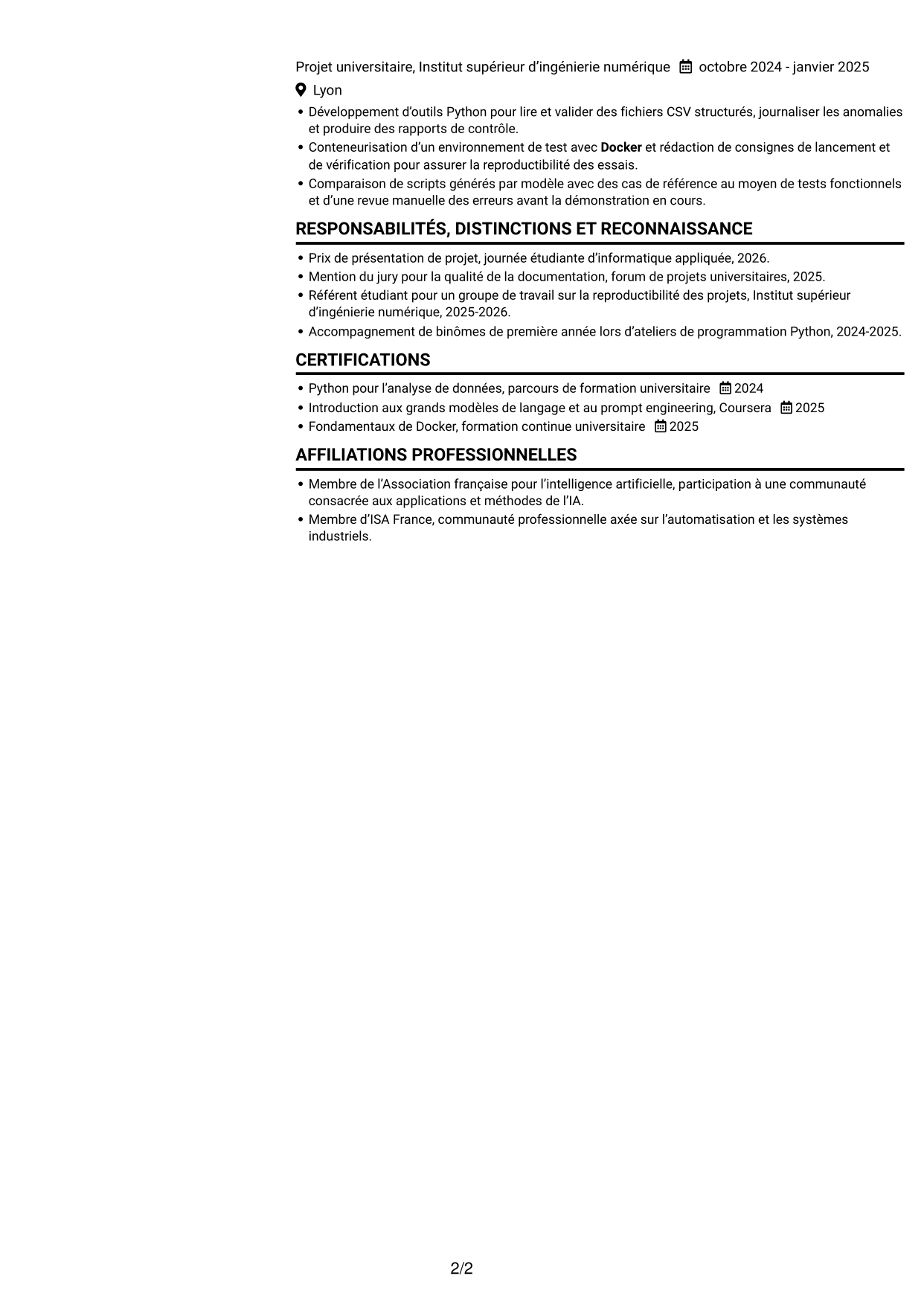 CV Compact (format sobre à deux colonnes avec photo) : Stagiaire ingénieur - IA appliquée à l'informatique industrielle, page 2