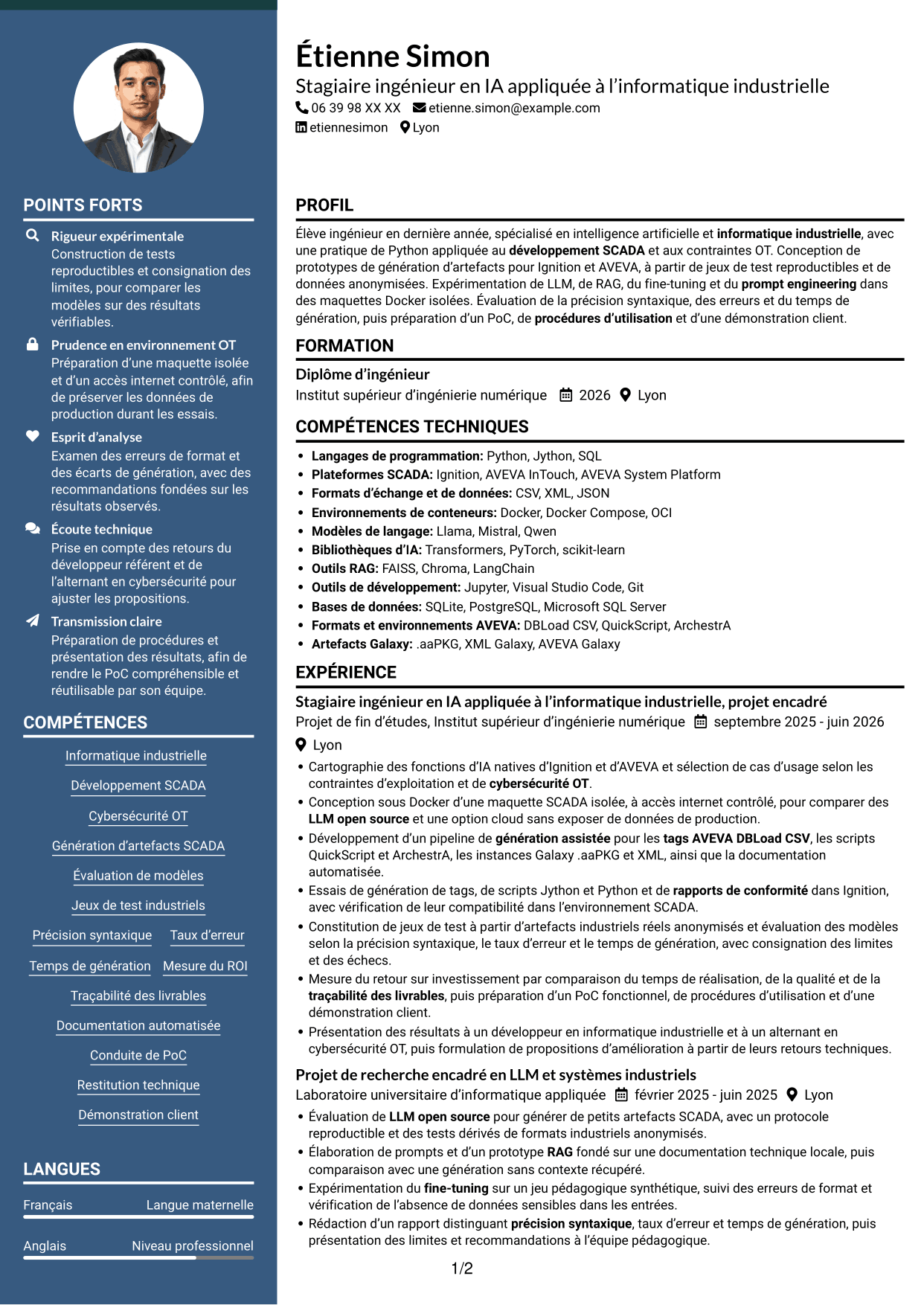 CV Élégant (format à colonne latérale colorée avec photo) : Stagiaire ingénieur - IA appliquée à l'informatique industrielle, page 1
