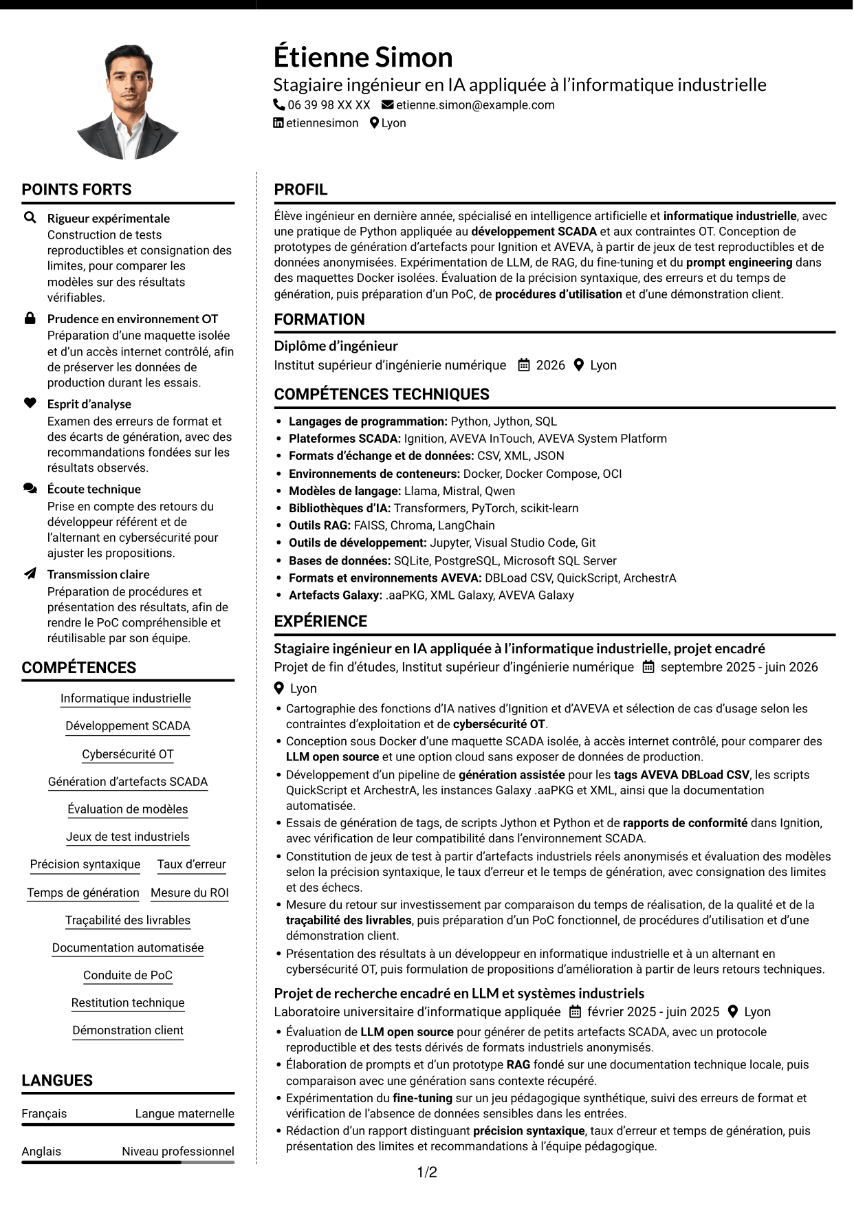 CV Moderne (format à deux colonnes avec photo à gauche et séparateur) : Stagiaire ingénieur - IA appliquée à l'informatique industrielle, page 1