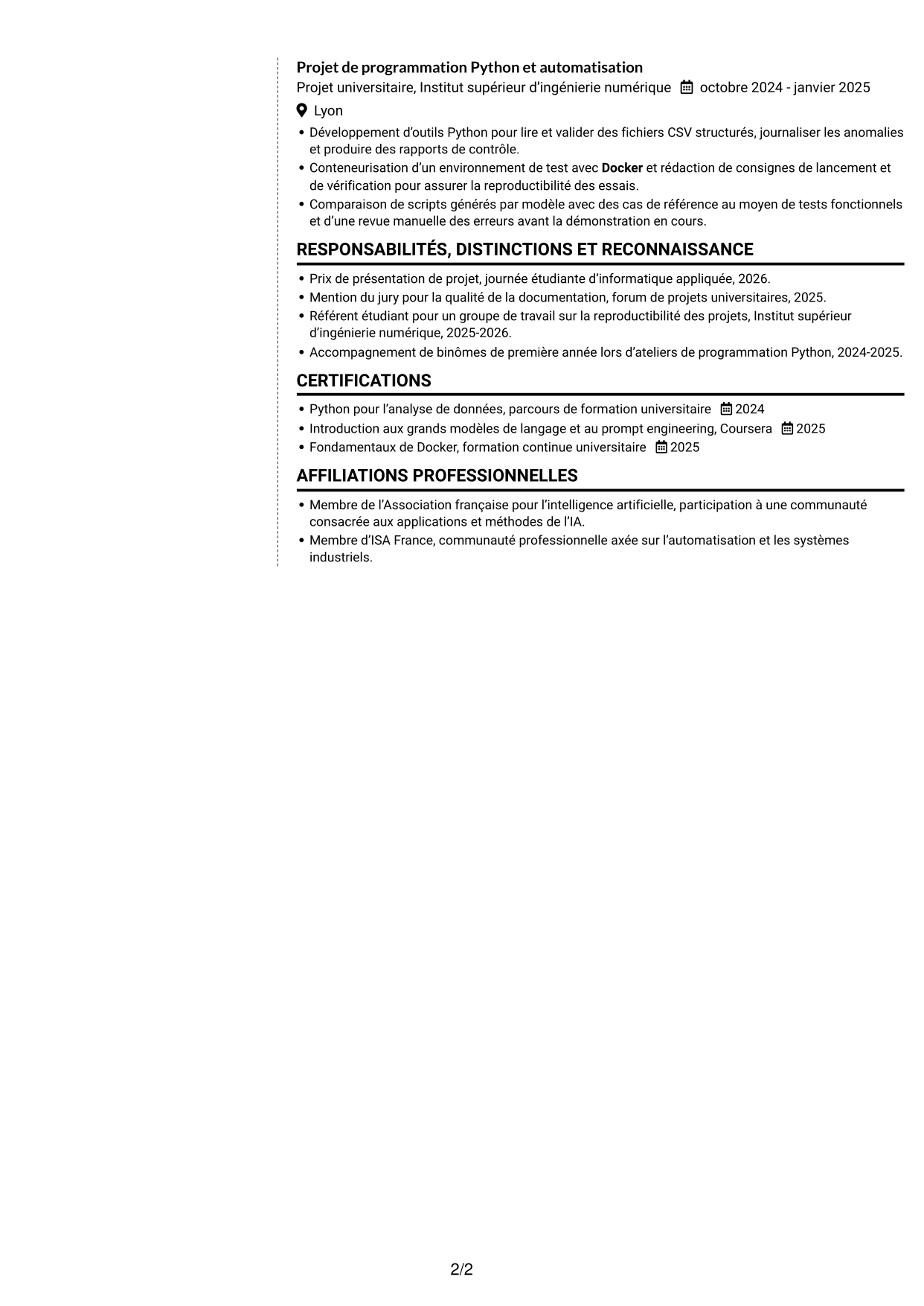 CV Moderne (format à deux colonnes avec photo à gauche et séparateur) : Stagiaire ingénieur - IA appliquée à l'informatique industrielle, page 2