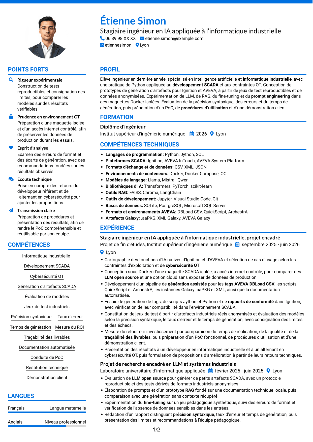 CV Audacieux (format à deux colonnes avec accents colorés et photo) : Stagiaire ingénieur - IA appliquée à l'informatique industrielle, page 1