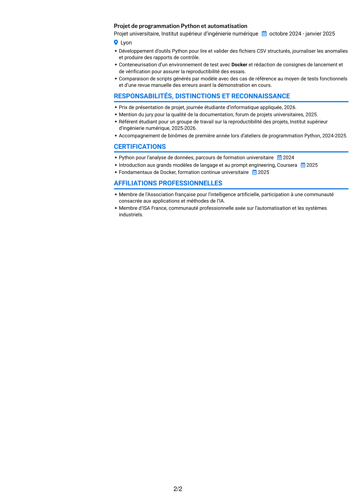 CV Audacieux (format à deux colonnes avec accents colorés et photo) : Stagiaire ingénieur - IA appliquée à l'informatique industrielle, page 2