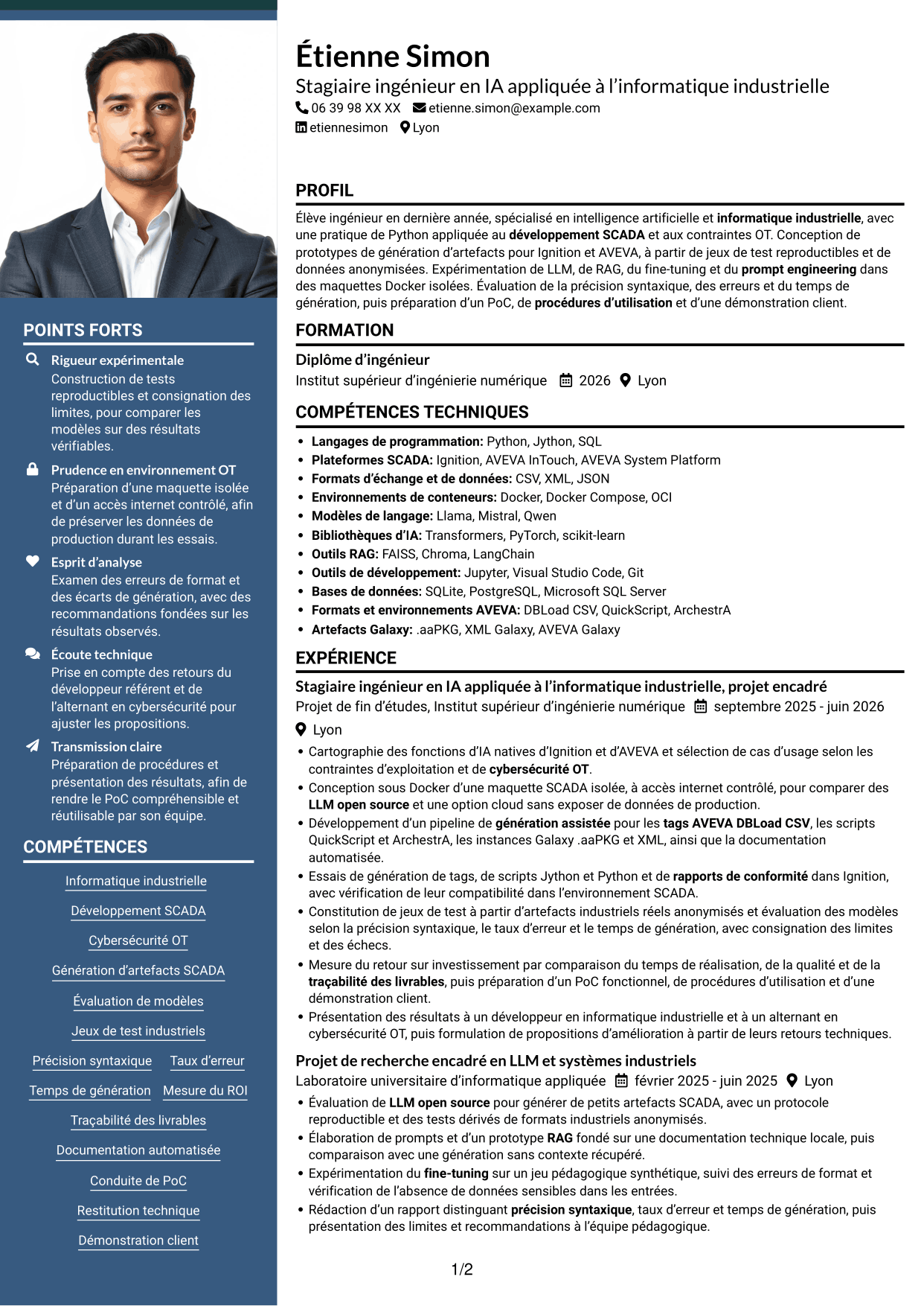 CV Signature (format à colonne latérale colorée avec grande photo) : Stagiaire ingénieur - IA appliquée à l'informatique industrielle, page 1