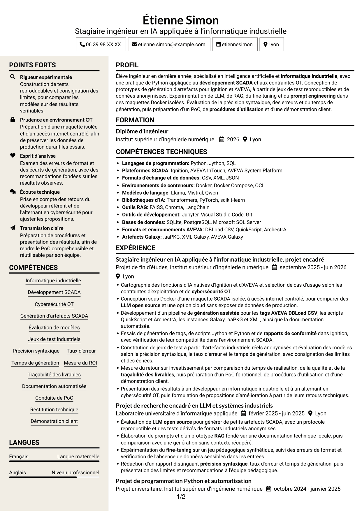 CV Fonceur (format à deux colonnes avec en-tête centré sans photo) : Stagiaire ingénieur - IA appliquée à l'informatique industrielle, page 1