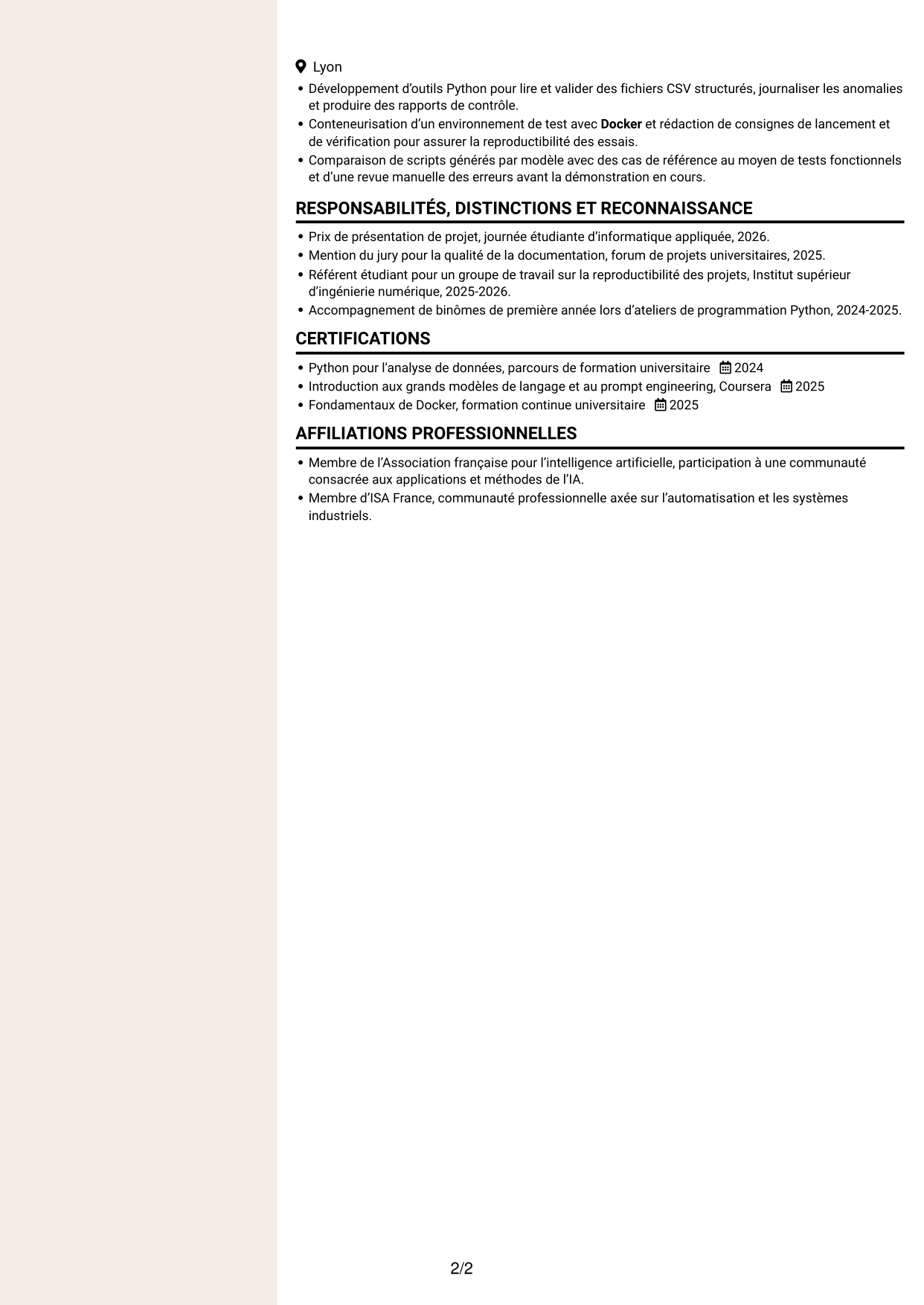 CV Fonceur (format à deux colonnes avec en-tête centré sans photo) : Stagiaire ingénieur - IA appliquée à l'informatique industrielle, page 2
