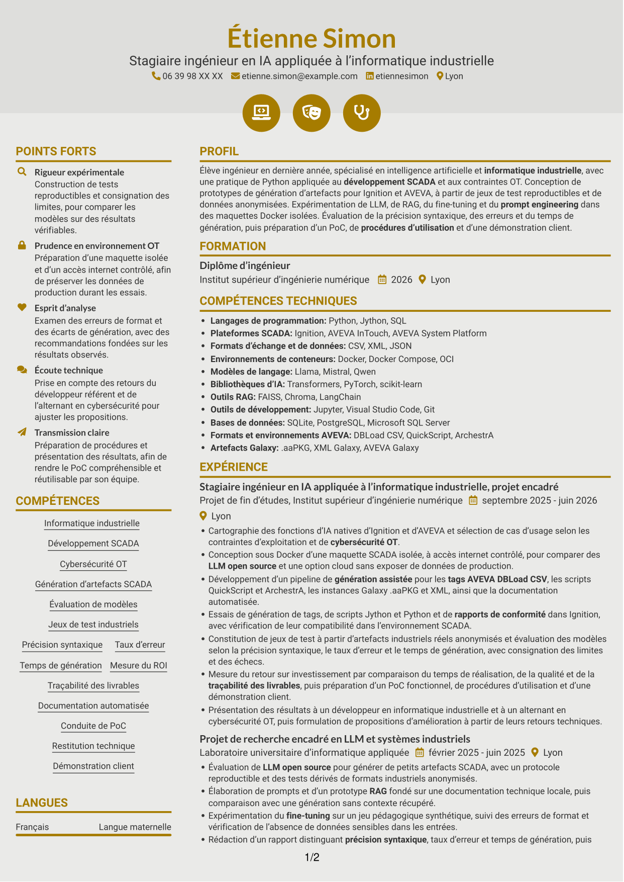 CV Dynamique (format à deux colonnes avec icônes) : Stagiaire ingénieur - IA appliquée à l'informatique industrielle, page 1