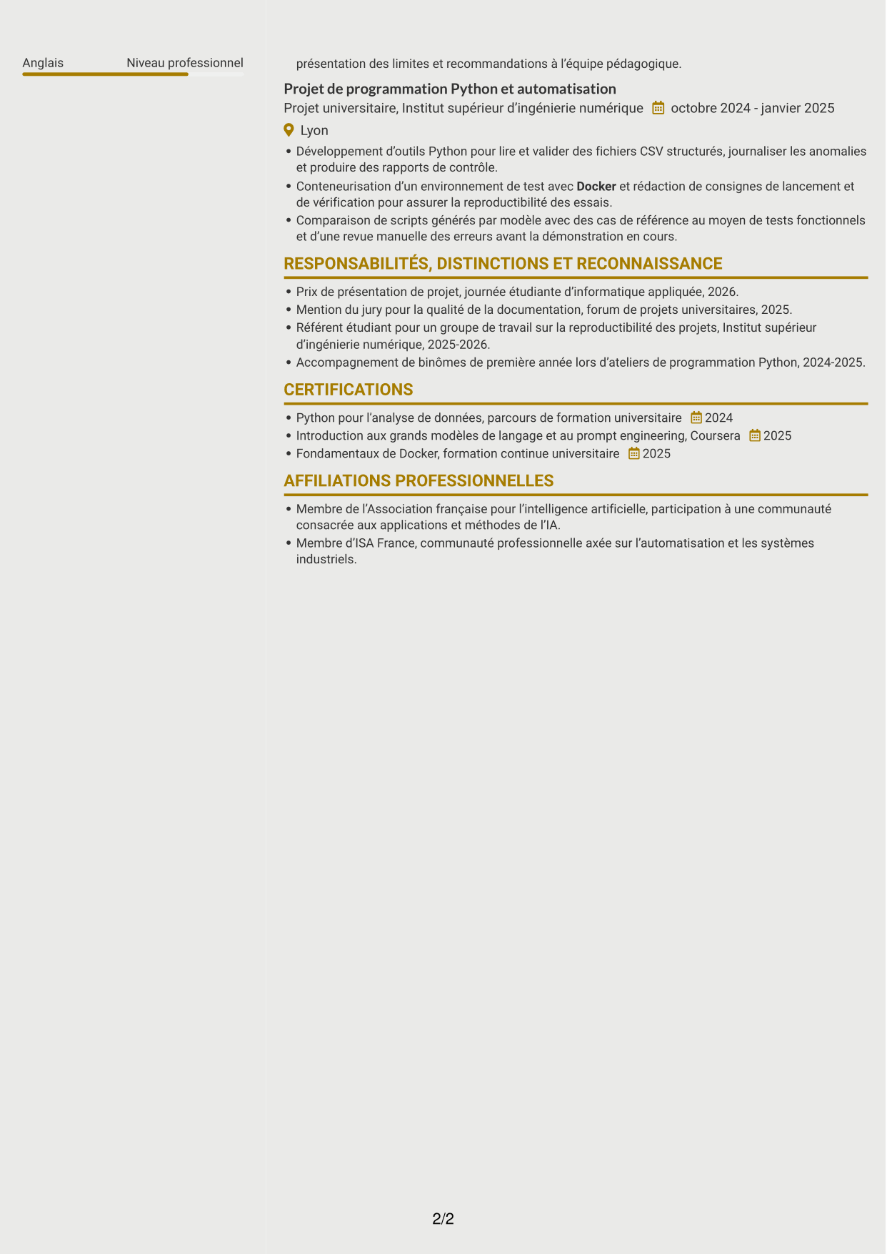 CV Dynamique (format à deux colonnes avec icônes) : Stagiaire ingénieur - IA appliquée à l'informatique industrielle, page 2