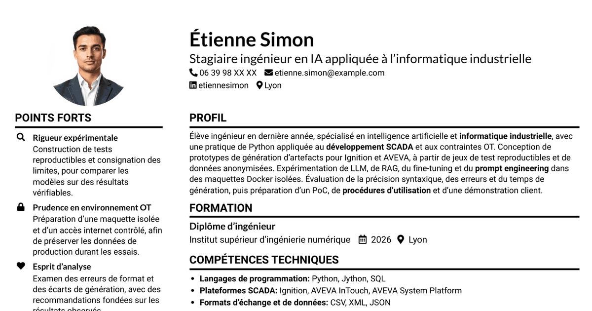7 modèles de CV pour Stagiaire ingénieur - IA appliquée à l'informatique industrielle, avec exemples