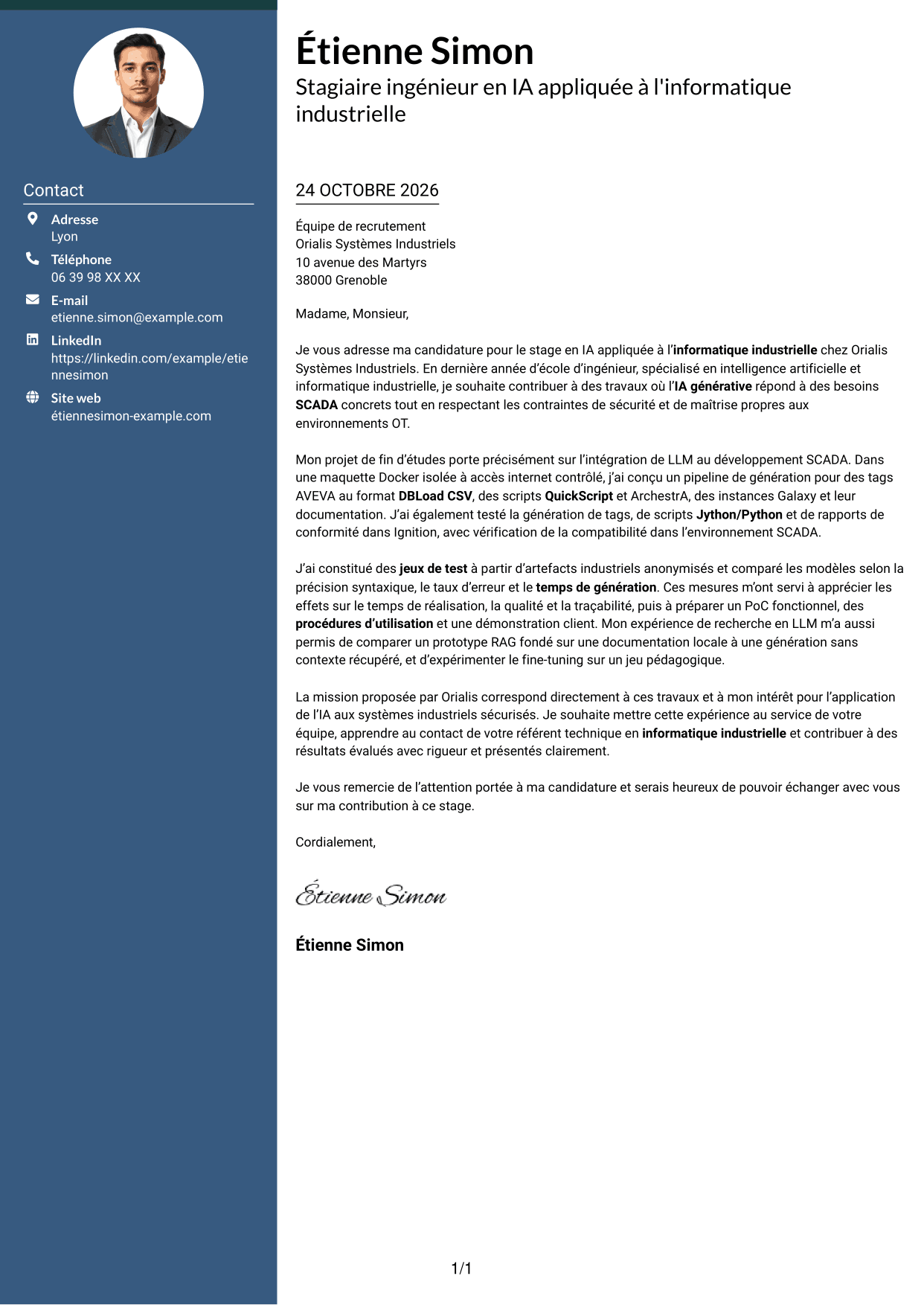 Lettre de motivation Élégant (format à colonne latérale colorée avec photo) : Stagiaire ingénieur - IA appliquée à l'informatique industrielle, page 1
