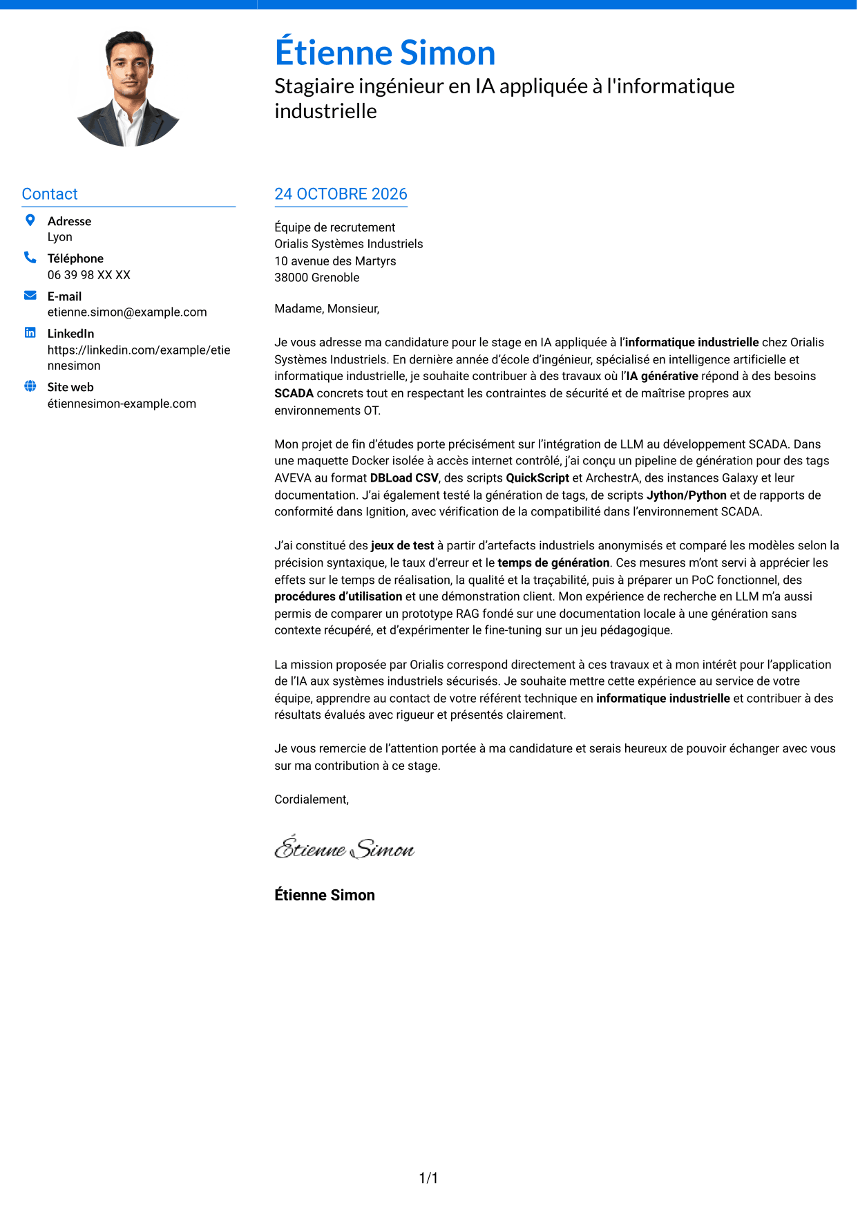 Lettre de motivation Audacieux (format à deux colonnes avec accents colorés et photo) : Stagiaire ingénieur - IA appliquée à l'informatique industrielle, page 1