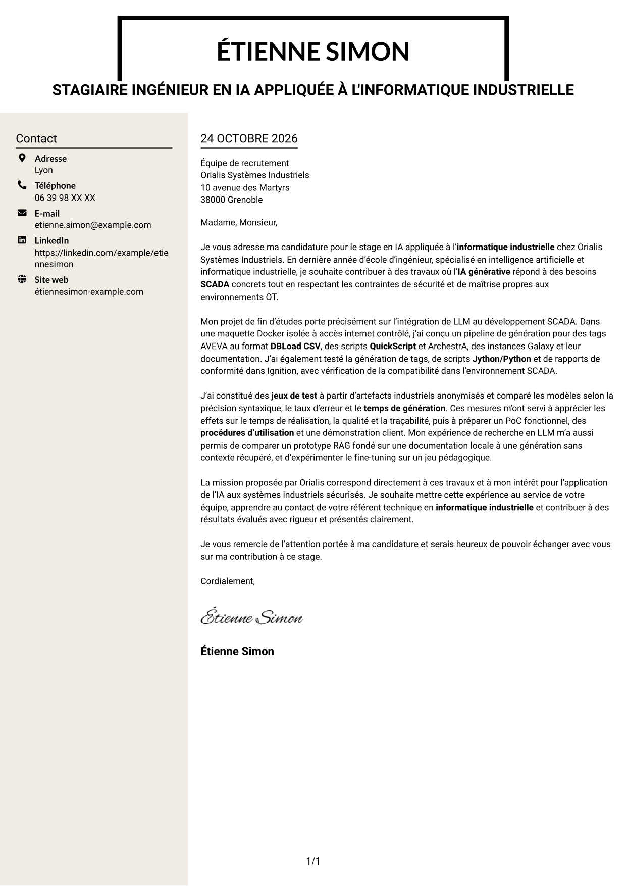 Lettre de motivation Fonceur (format à deux colonnes avec en-tête centré sans photo) : Stagiaire ingénieur - IA appliquée à l'informatique industrielle, page 1