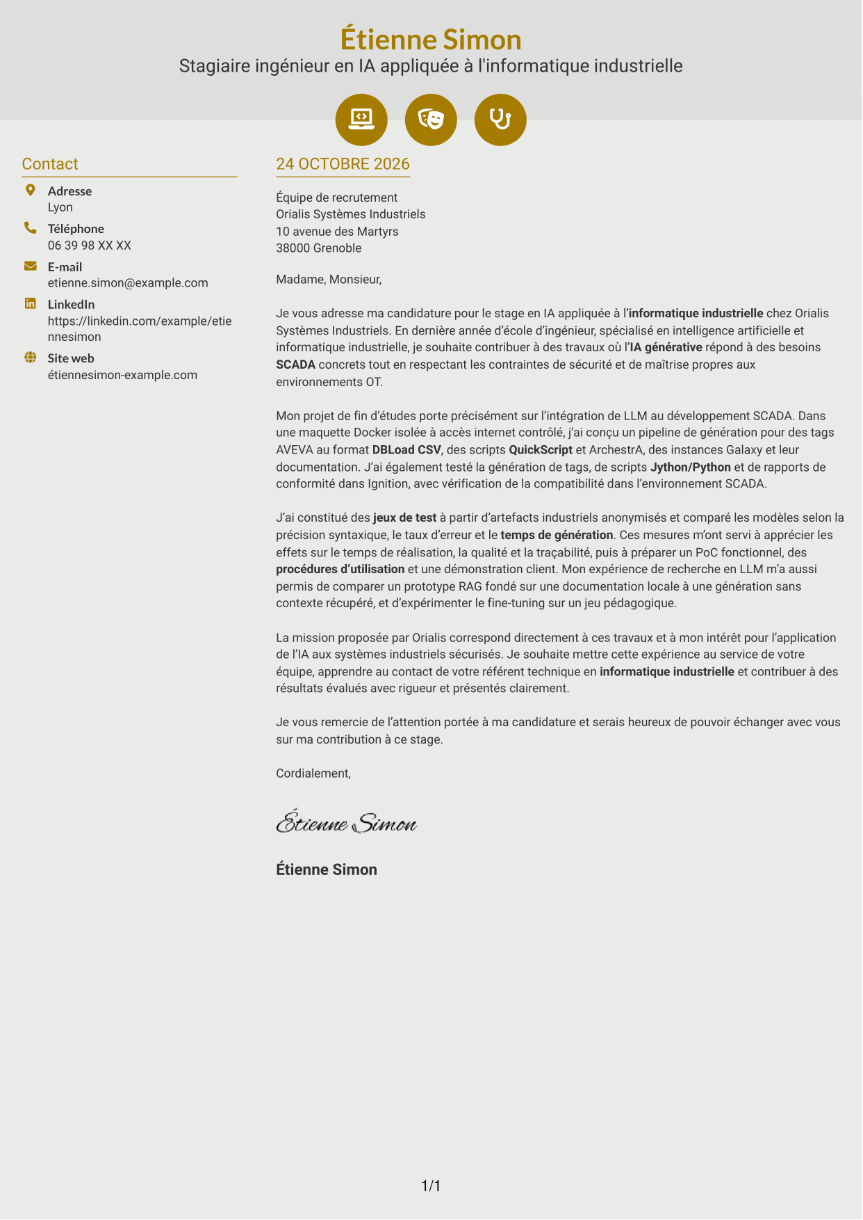Lettre de motivation Dynamique (format à deux colonnes avec icônes) : Stagiaire ingénieur - IA appliquée à l'informatique industrielle, page 1