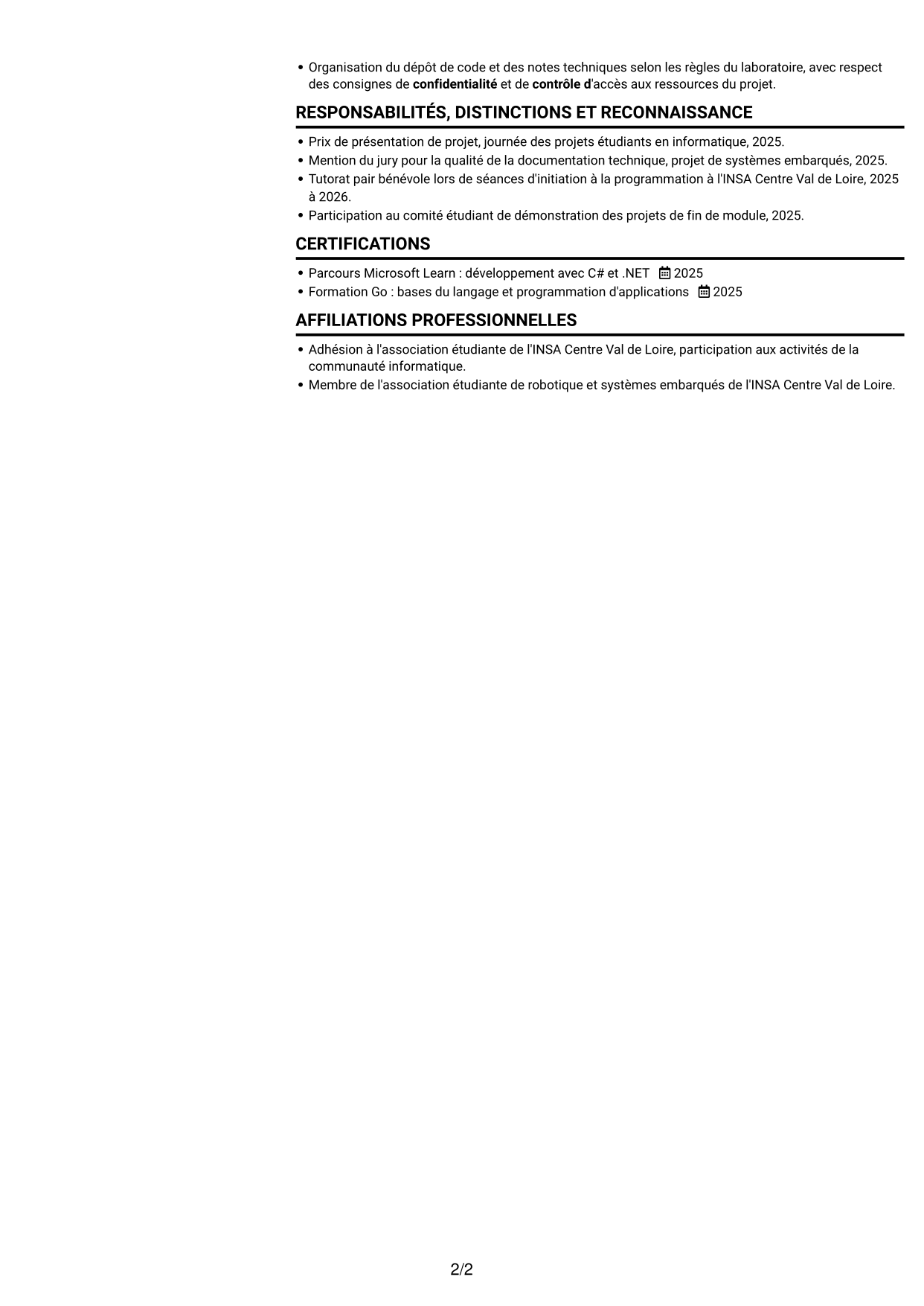 CV Compact (format sobre à deux colonnes avec photo) : Stagiaire Ingénieur Logiciel - Simulation de centrales d'intrusion, page 2
