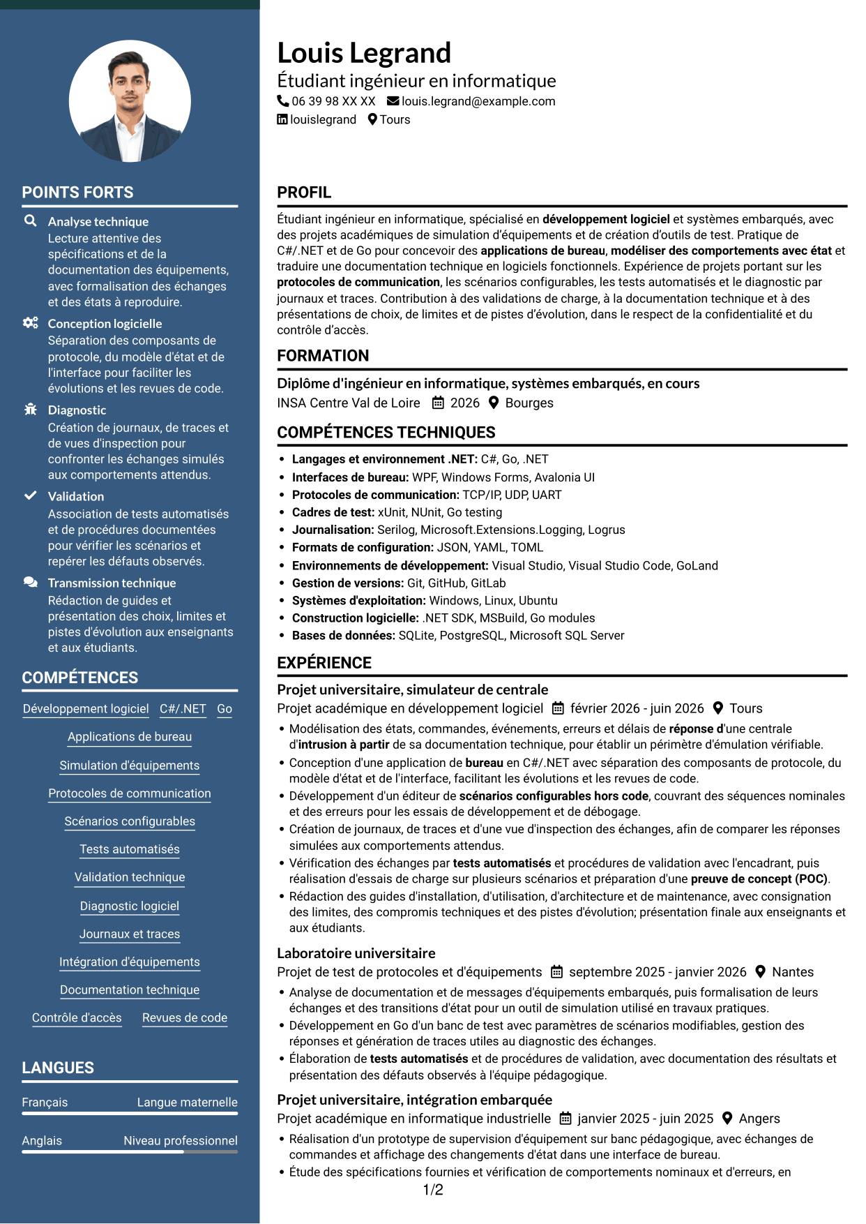 CV Élégant (format à colonne latérale colorée avec photo) : Stagiaire Ingénieur Logiciel - Simulation de centrales d'intrusion, page 1
