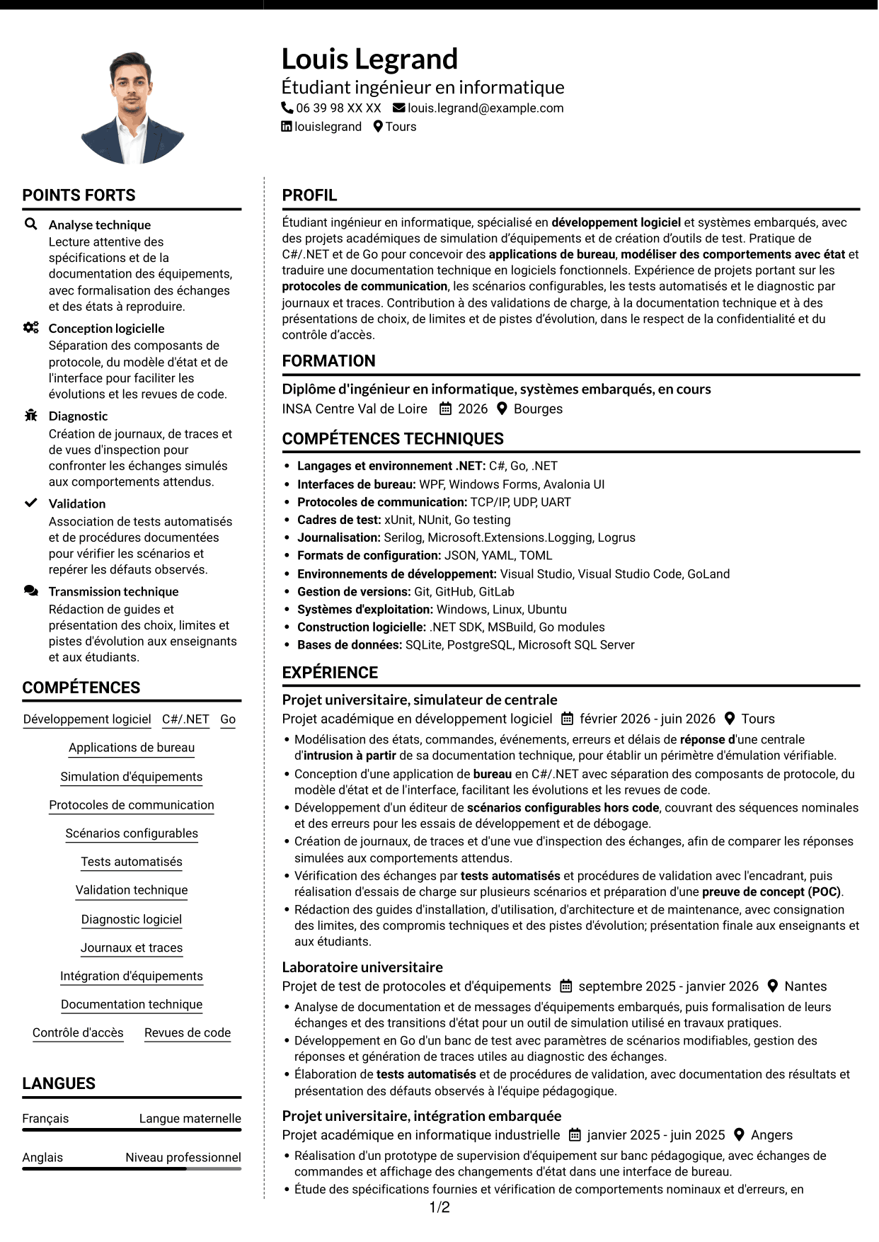 CV Moderne (format à deux colonnes avec photo à gauche et séparateur) : Stagiaire Ingénieur Logiciel - Simulation de centrales d'intrusion, page 1
