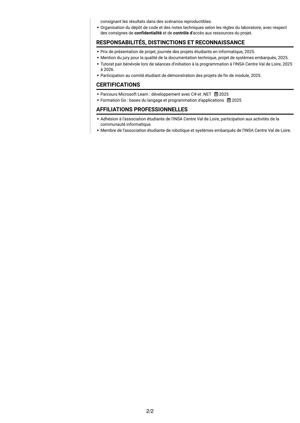 CV Moderne (format à deux colonnes avec photo à gauche et séparateur) : Stagiaire Ingénieur Logiciel - Simulation de centrales d'intrusion, page 2