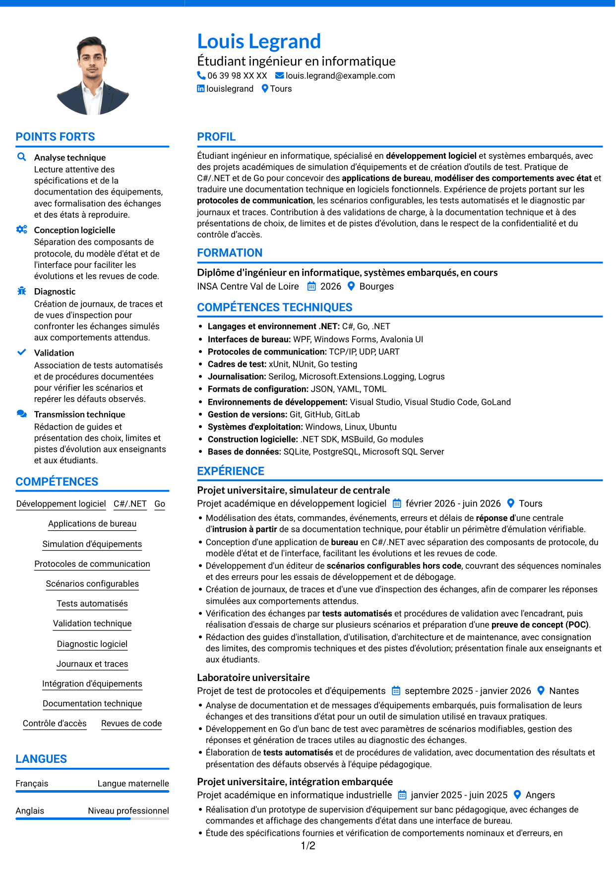CV Audacieux (format à deux colonnes avec accents colorés et photo) : Stagiaire Ingénieur Logiciel - Simulation de centrales d'intrusion, page 1