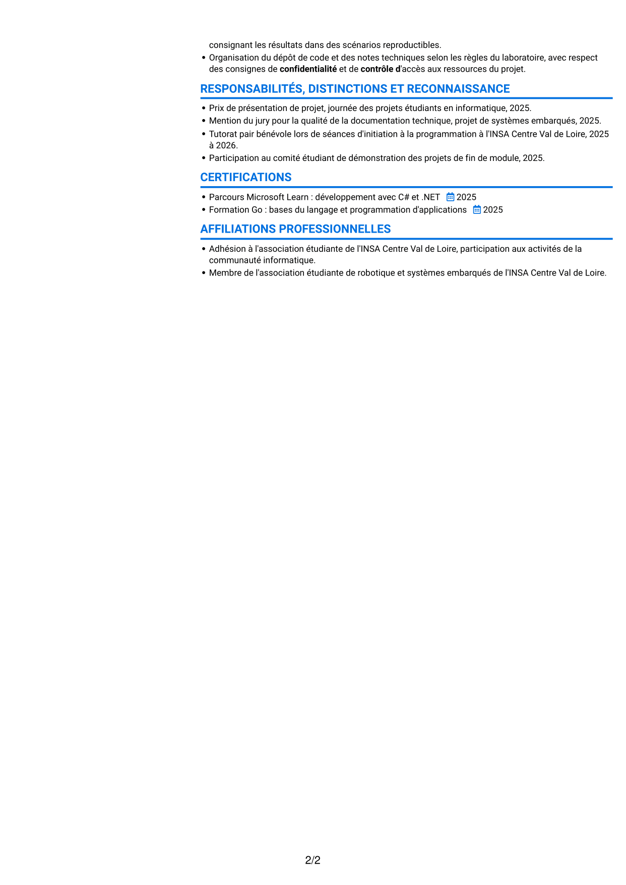 CV Audacieux (format à deux colonnes avec accents colorés et photo) : Stagiaire Ingénieur Logiciel - Simulation de centrales d'intrusion, page 2