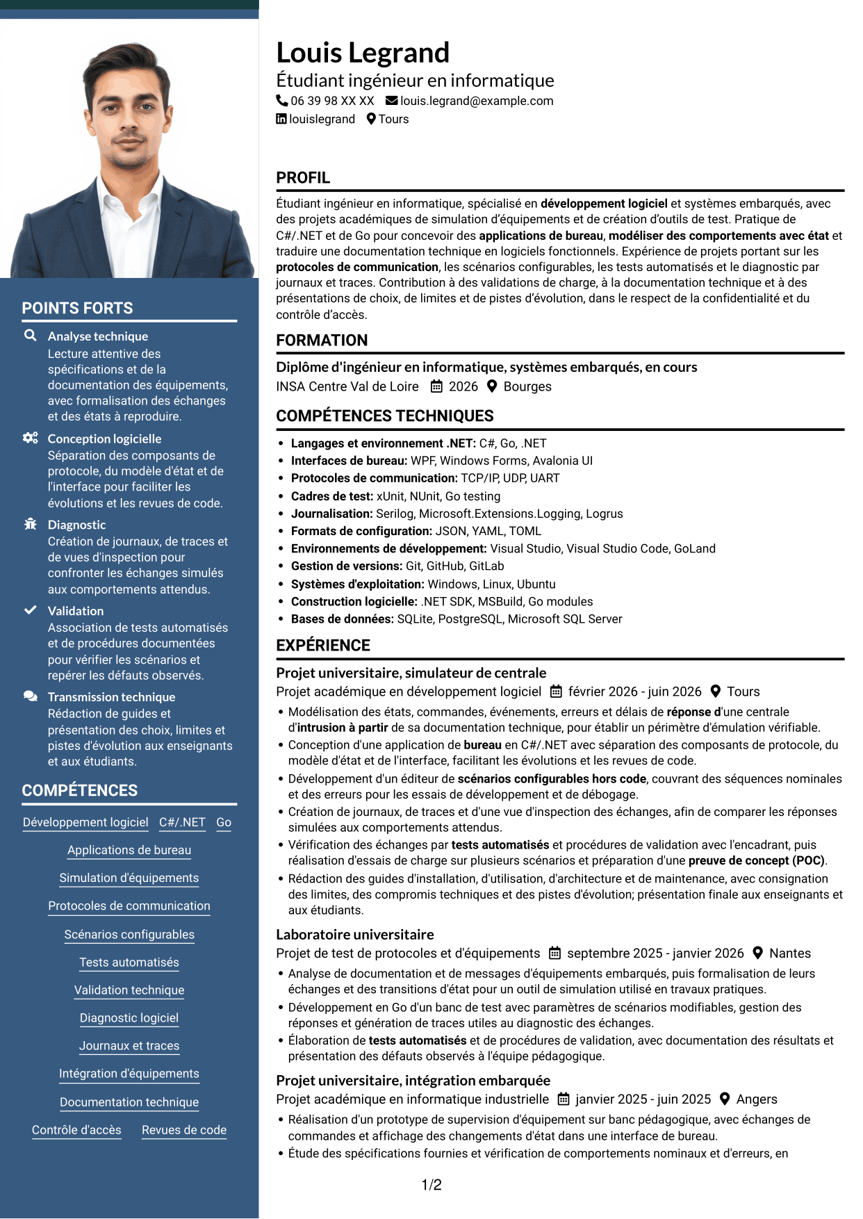 CV Signature (format à colonne latérale colorée avec grande photo) : Stagiaire Ingénieur Logiciel - Simulation de centrales d'intrusion, page 1