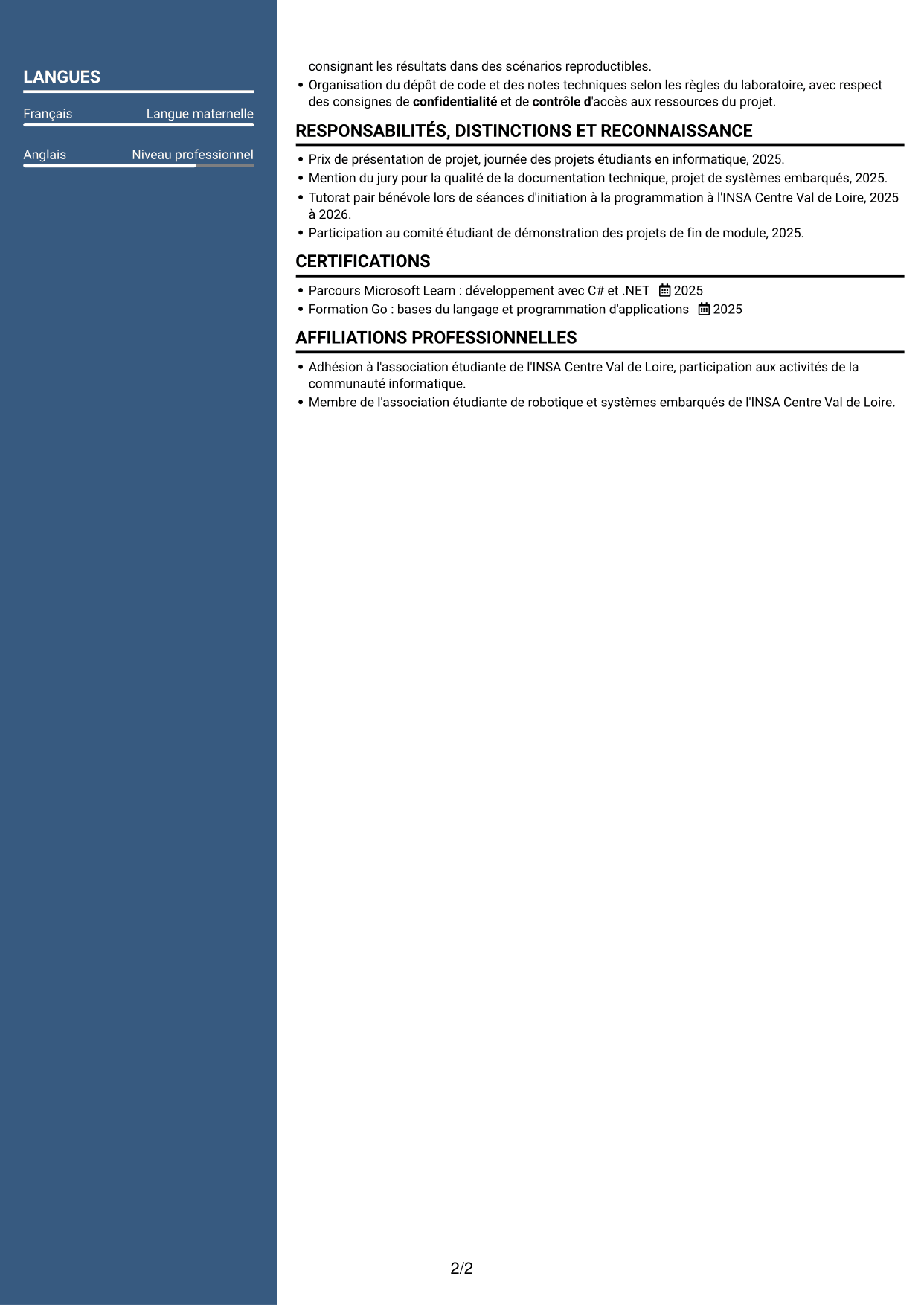 CV Signature (format à colonne latérale colorée avec grande photo) : Stagiaire Ingénieur Logiciel - Simulation de centrales d'intrusion, page 2