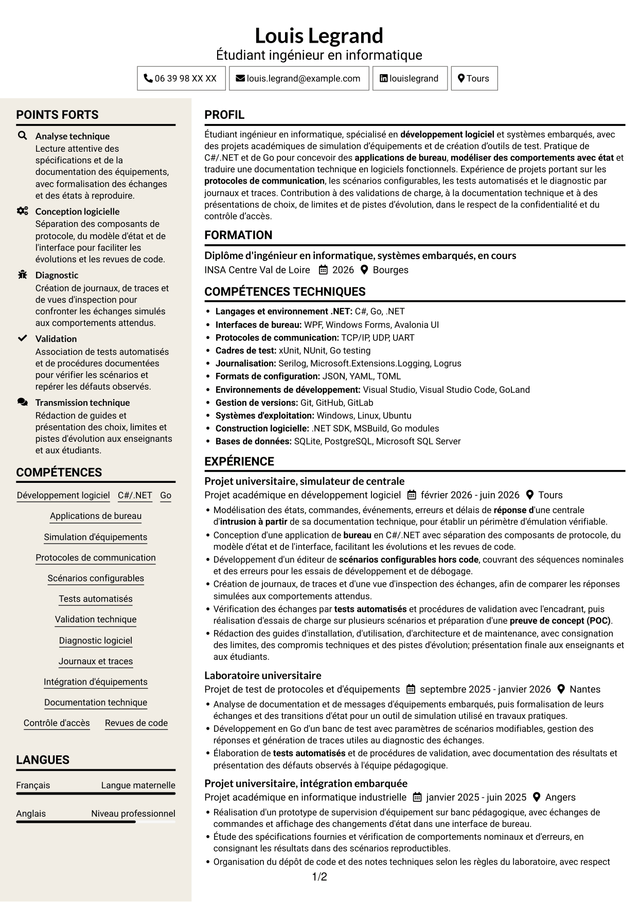 CV Fonceur (format à deux colonnes avec en-tête centré sans photo) : Stagiaire Ingénieur Logiciel - Simulation de centrales d'intrusion, page 1
