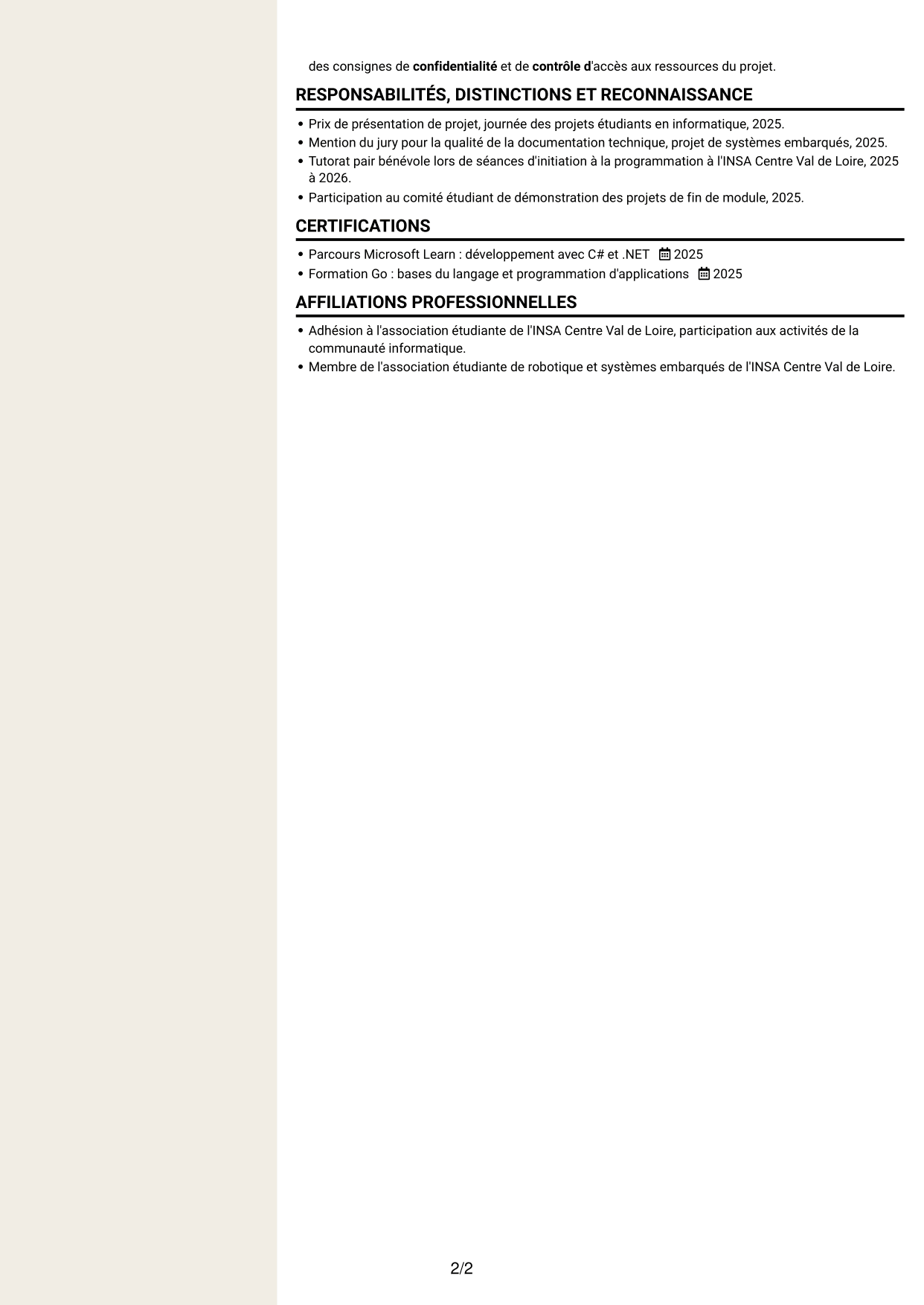CV Fonceur (format à deux colonnes avec en-tête centré sans photo) : Stagiaire Ingénieur Logiciel - Simulation de centrales d'intrusion, page 2