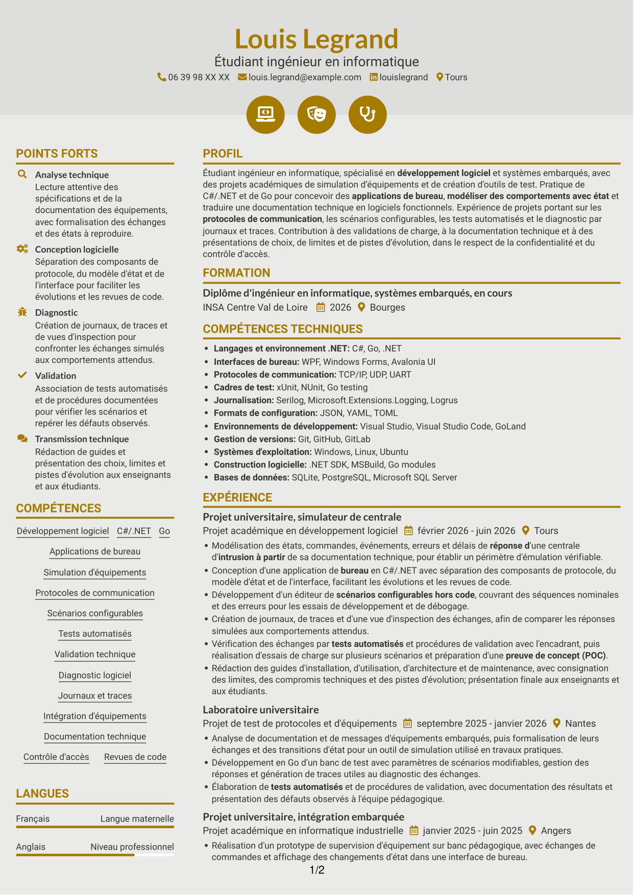 CV Dynamique (format à deux colonnes avec icônes) : Stagiaire Ingénieur Logiciel - Simulation de centrales d'intrusion, page 1