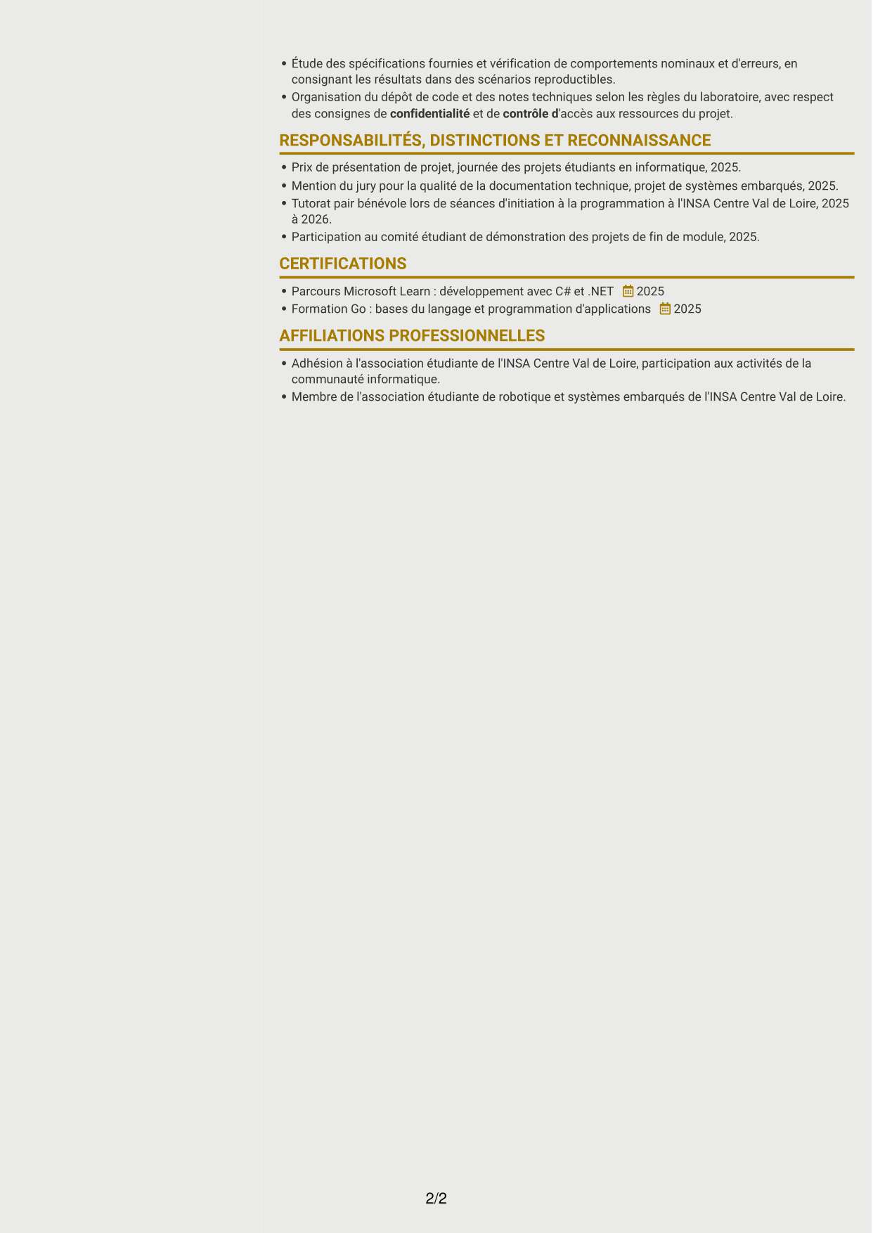 CV Dynamique (format à deux colonnes avec icônes) : Stagiaire Ingénieur Logiciel - Simulation de centrales d'intrusion, page 2