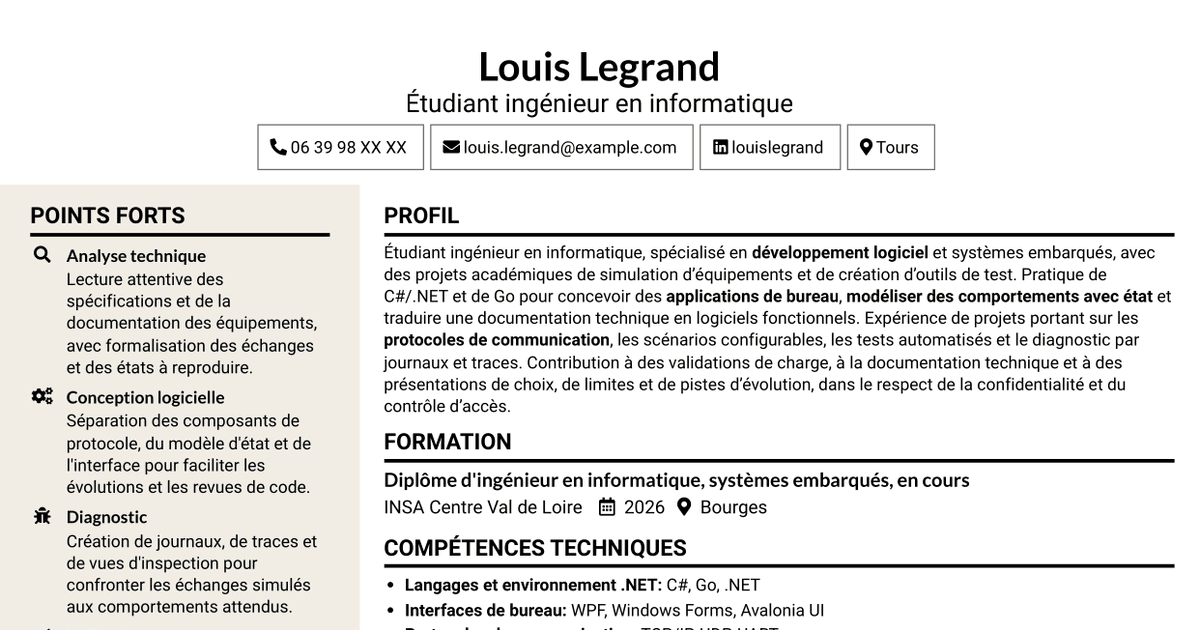 7 modèles de CV pour Stagiaire Ingénieur Logiciel - Simulation de centrales d'intrusion, avec exemples