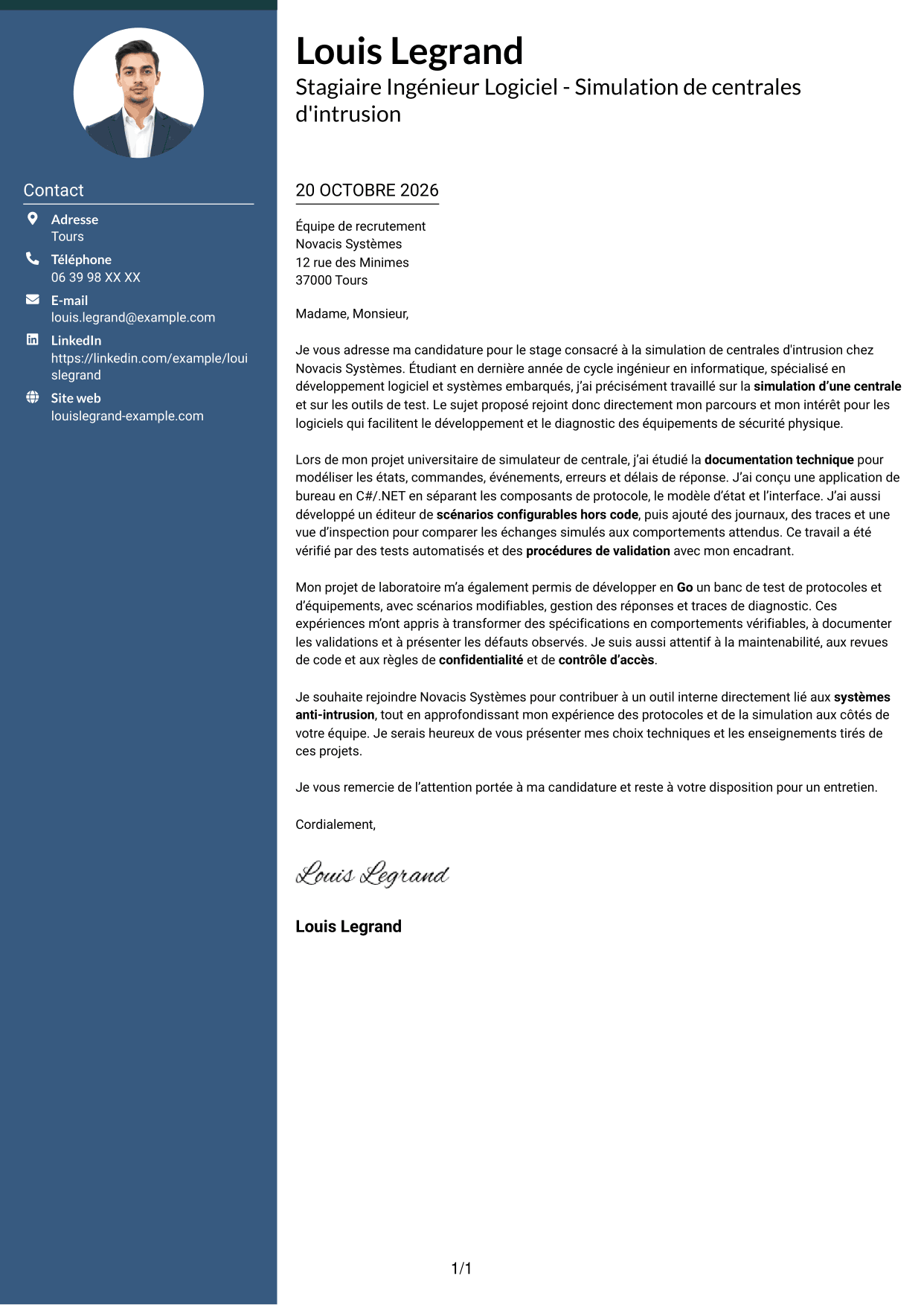 Lettre de motivation Élégant (format à colonne latérale colorée avec photo) : Stagiaire Ingénieur Logiciel - Simulation de centrales d'intrusion, page 1