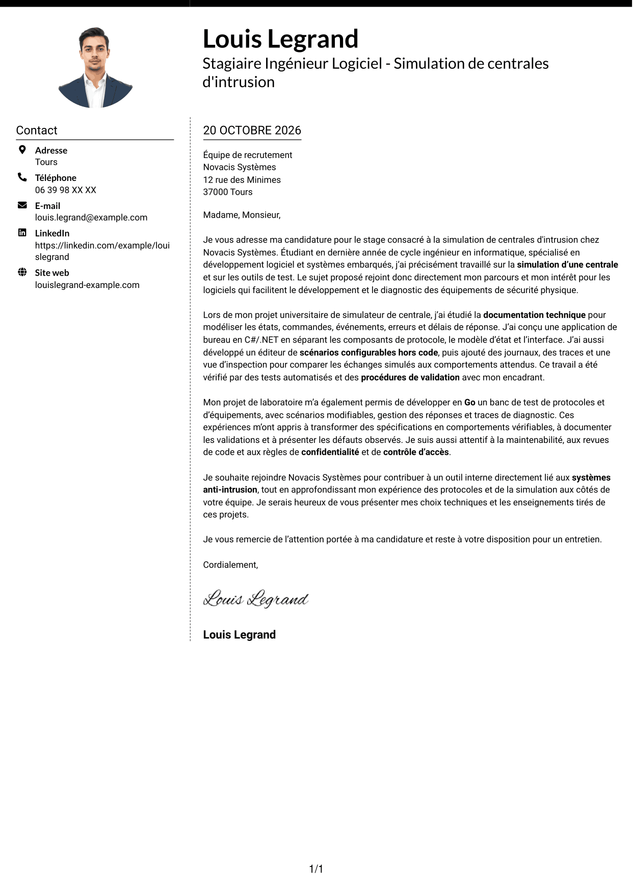 Lettre de motivation Moderne (format à deux colonnes avec photo à gauche et séparateur) : Stagiaire Ingénieur Logiciel - Simulation de centrales d'intrusion, page 1