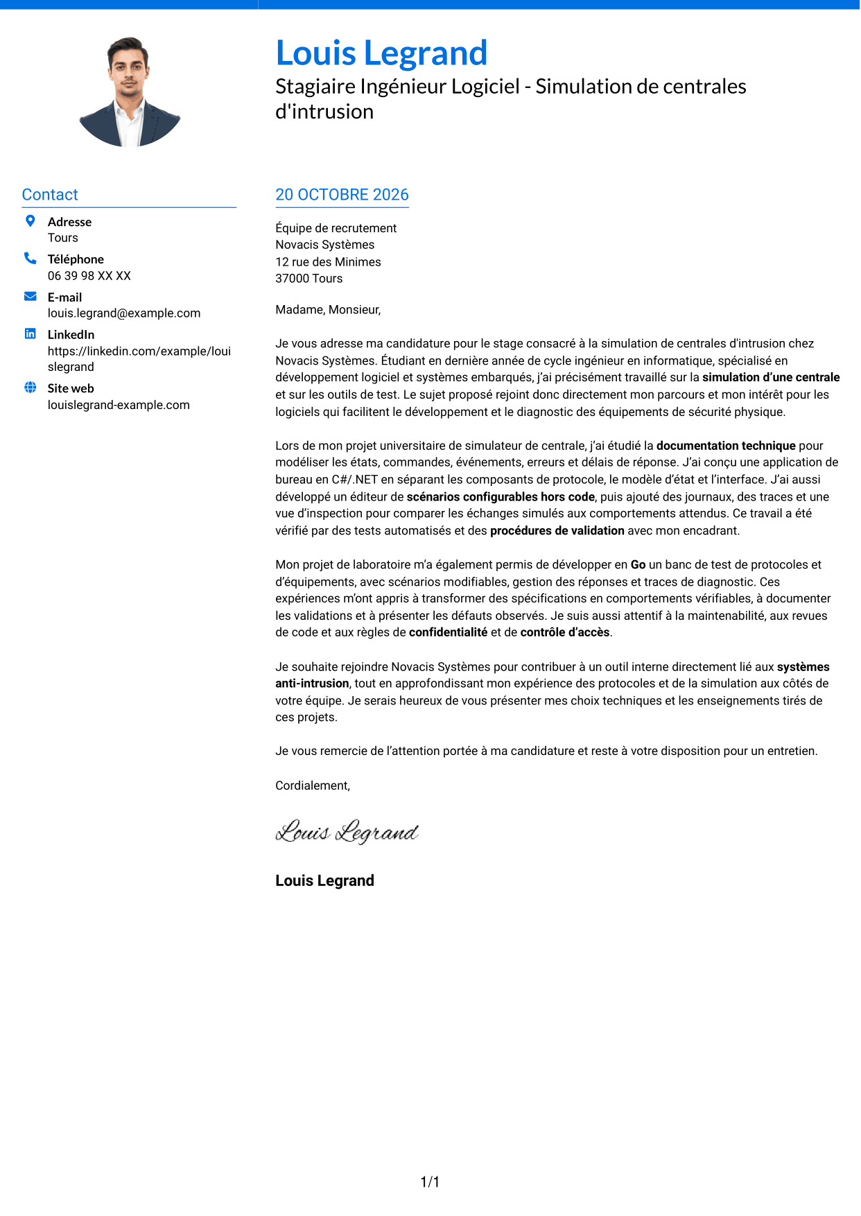 Lettre de motivation Audacieux (format à deux colonnes avec accents colorés et photo) : Stagiaire Ingénieur Logiciel - Simulation de centrales d'intrusion, page 1