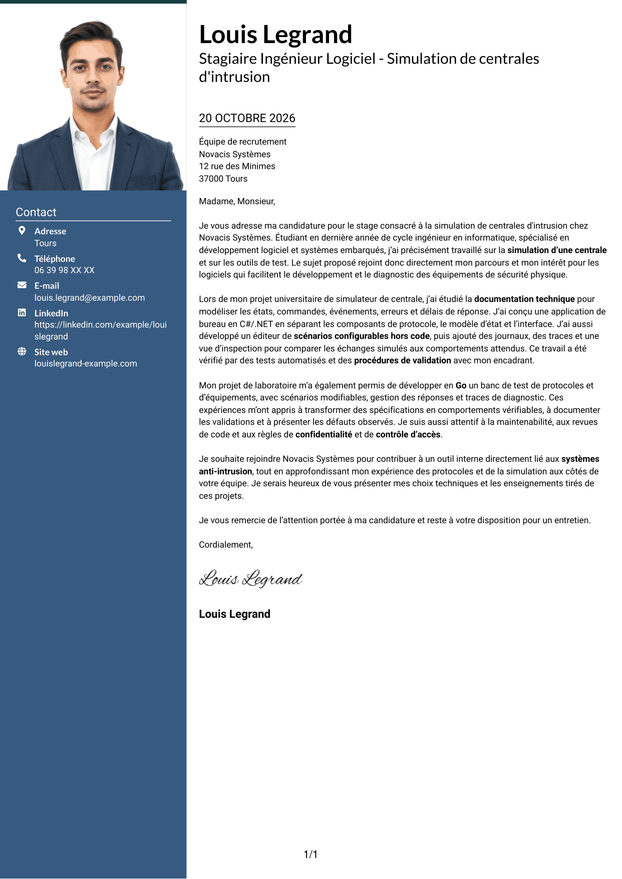 Lettre de motivation Signature (format à colonne latérale colorée avec grande photo) : Stagiaire Ingénieur Logiciel - Simulation de centrales d'intrusion, page 1