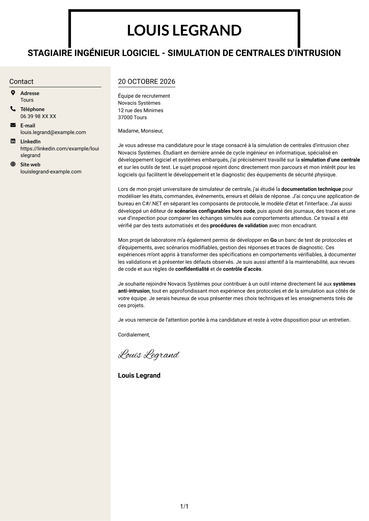 Lettre de motivation Fonceur (format à deux colonnes avec en-tête centré sans photo) : Stagiaire Ingénieur Logiciel - Simulation de centrales d'intrusion, page 1