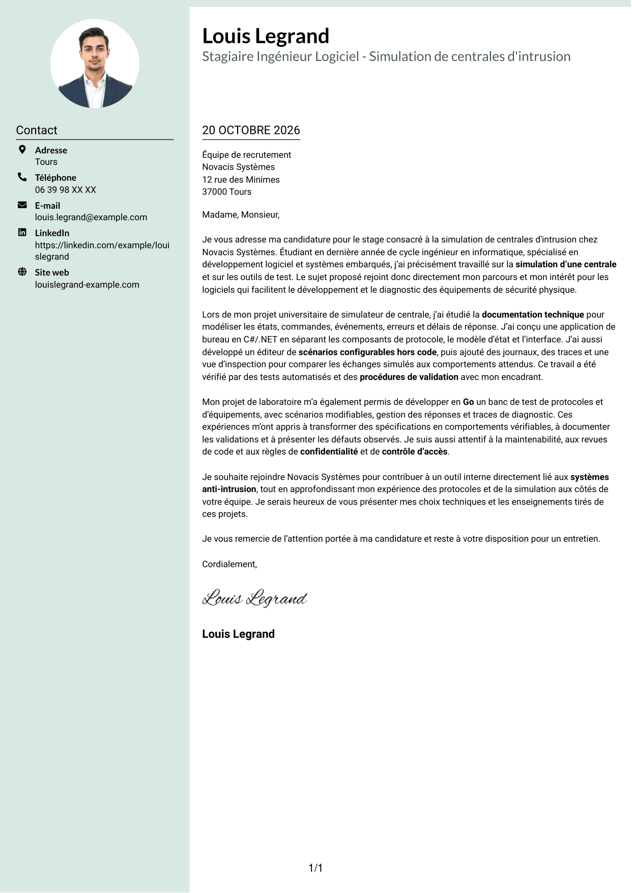 Lettre de motivation Cadre (format à colonne latérale douce avec photo arrondie) : Stagiaire Ingénieur Logiciel - Simulation de centrales d'intrusion, page 1