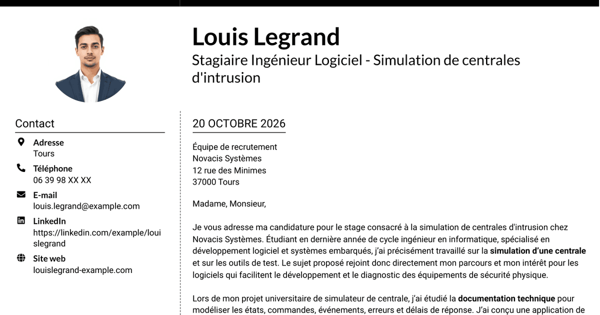 7 modèles de lettre de motivation pour Stagiaire Ingénieur Logiciel - Simulation de centrales d'intrusion, avec exemples