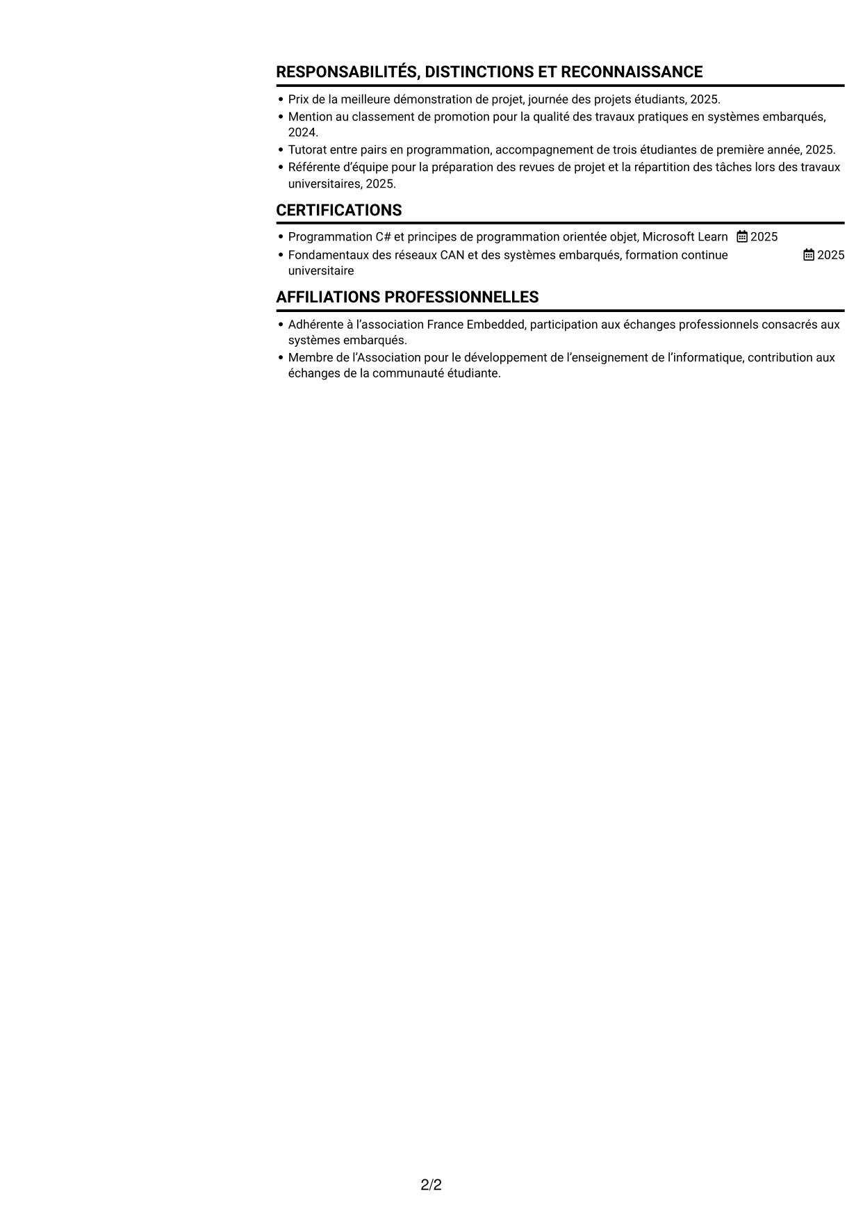 CV Compact (format sobre à deux colonnes avec photo) : Stagiaire ingénieure développement logiciel embarqué - Tests automatisés, page 2