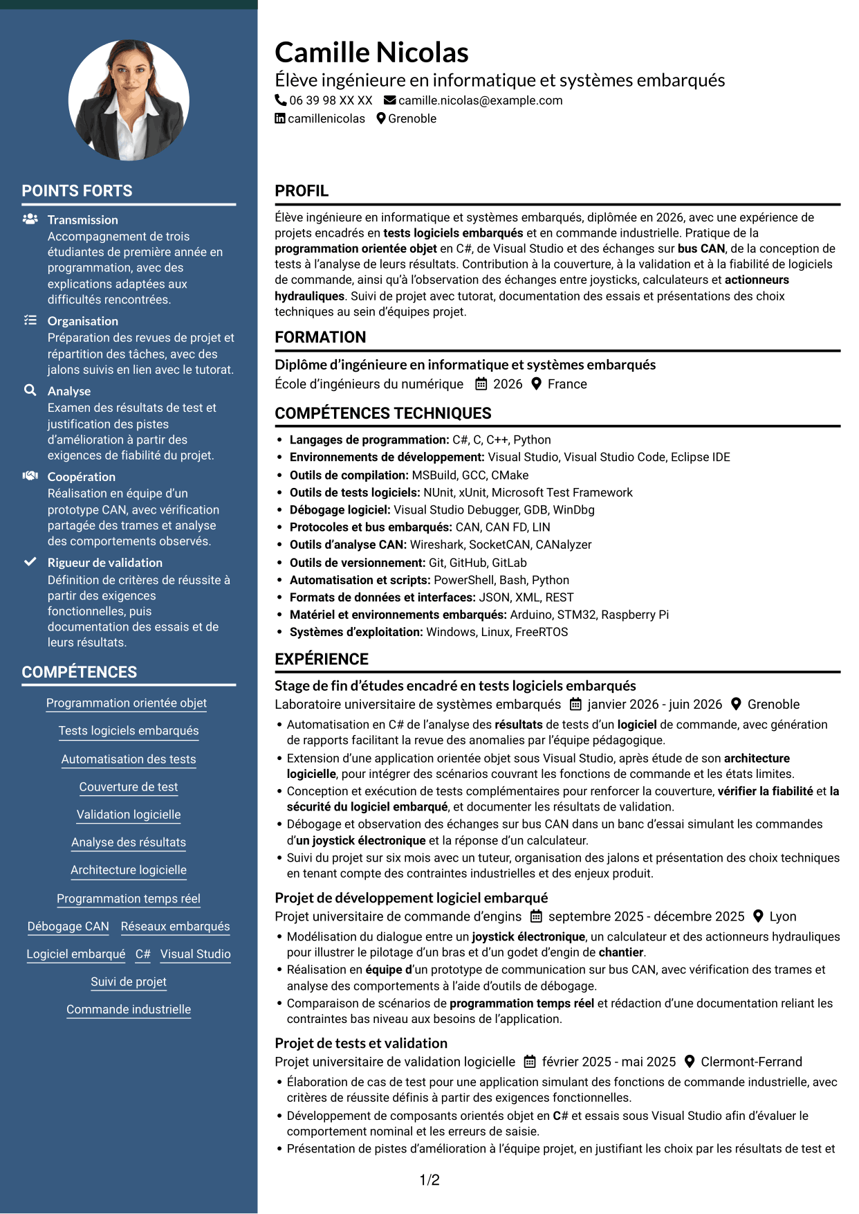 CV Élégant (format à colonne latérale colorée avec photo) : Stagiaire ingénieure développement logiciel embarqué - Tests automatisés, page 1