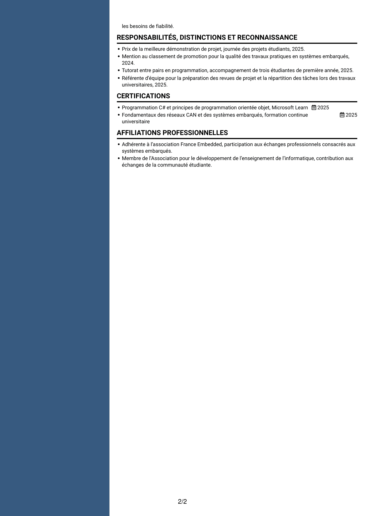 CV Élégant (format à colonne latérale colorée avec photo) : Stagiaire ingénieure développement logiciel embarqué - Tests automatisés, page 2