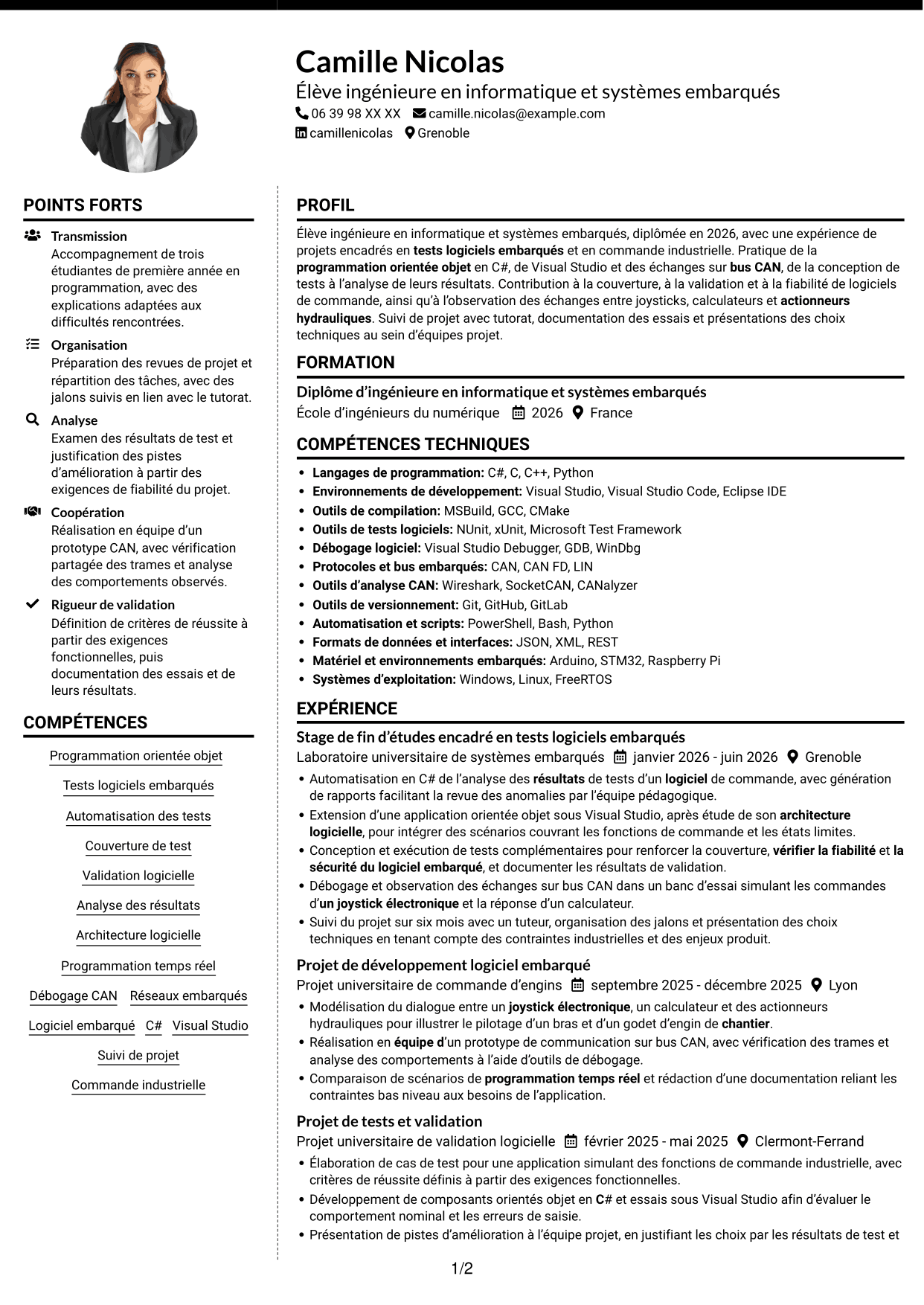CV Moderne (format à deux colonnes avec photo à gauche et séparateur) : Stagiaire ingénieure développement logiciel embarqué - Tests automatisés, page 1