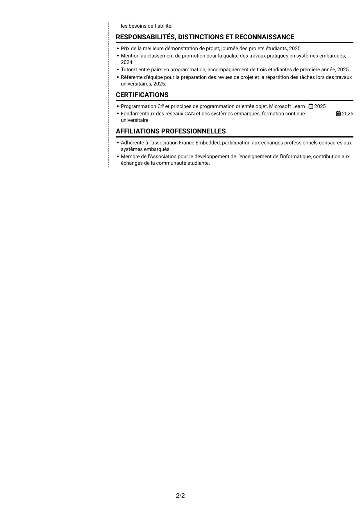 CV Moderne (format à deux colonnes avec photo à gauche et séparateur) : Stagiaire ingénieure développement logiciel embarqué - Tests automatisés, page 2