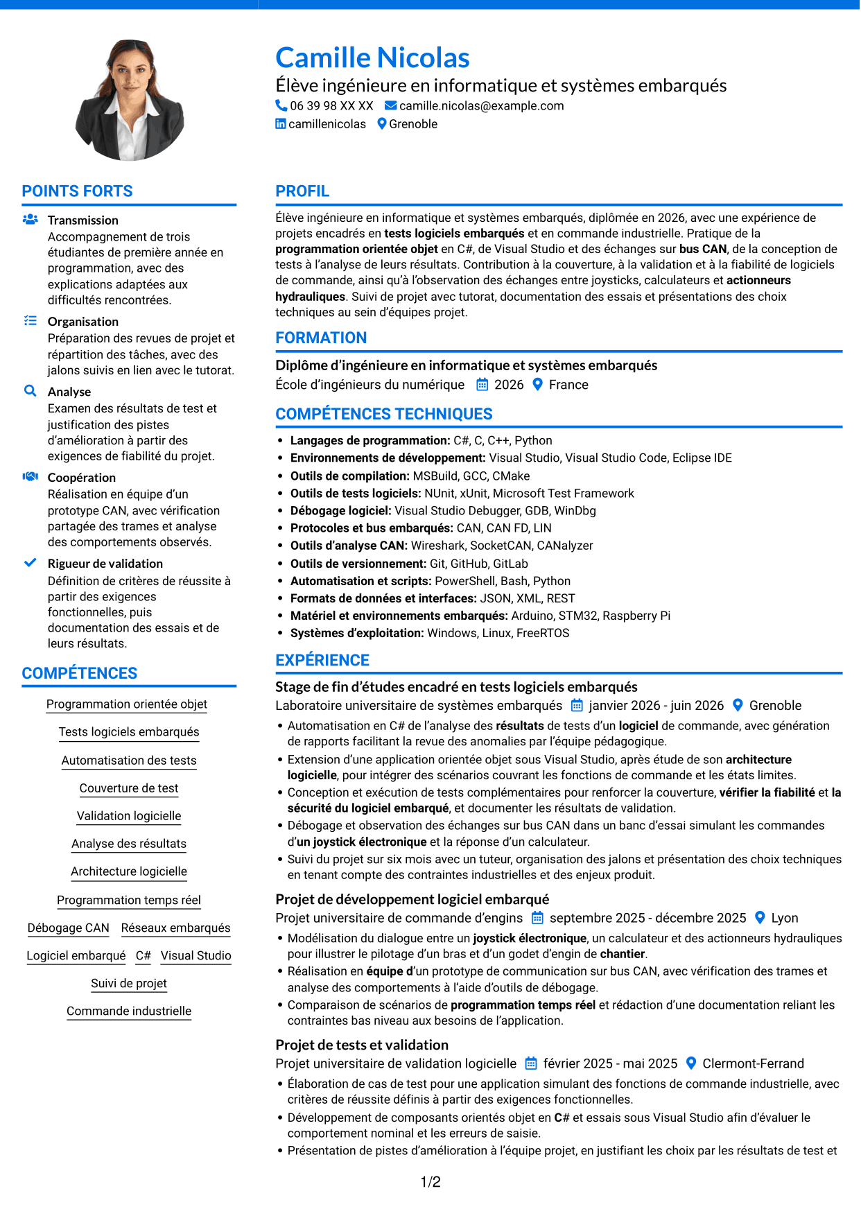 CV Audacieux (format à deux colonnes avec accents colorés et photo) : Stagiaire ingénieure développement logiciel embarqué - Tests automatisés, page 1