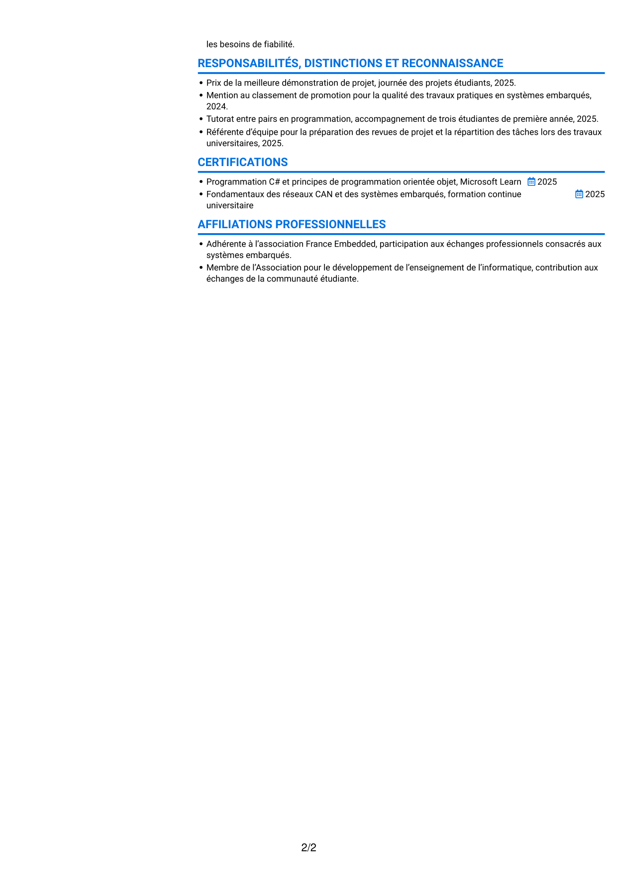 CV Audacieux (format à deux colonnes avec accents colorés et photo) : Stagiaire ingénieure développement logiciel embarqué - Tests automatisés, page 2